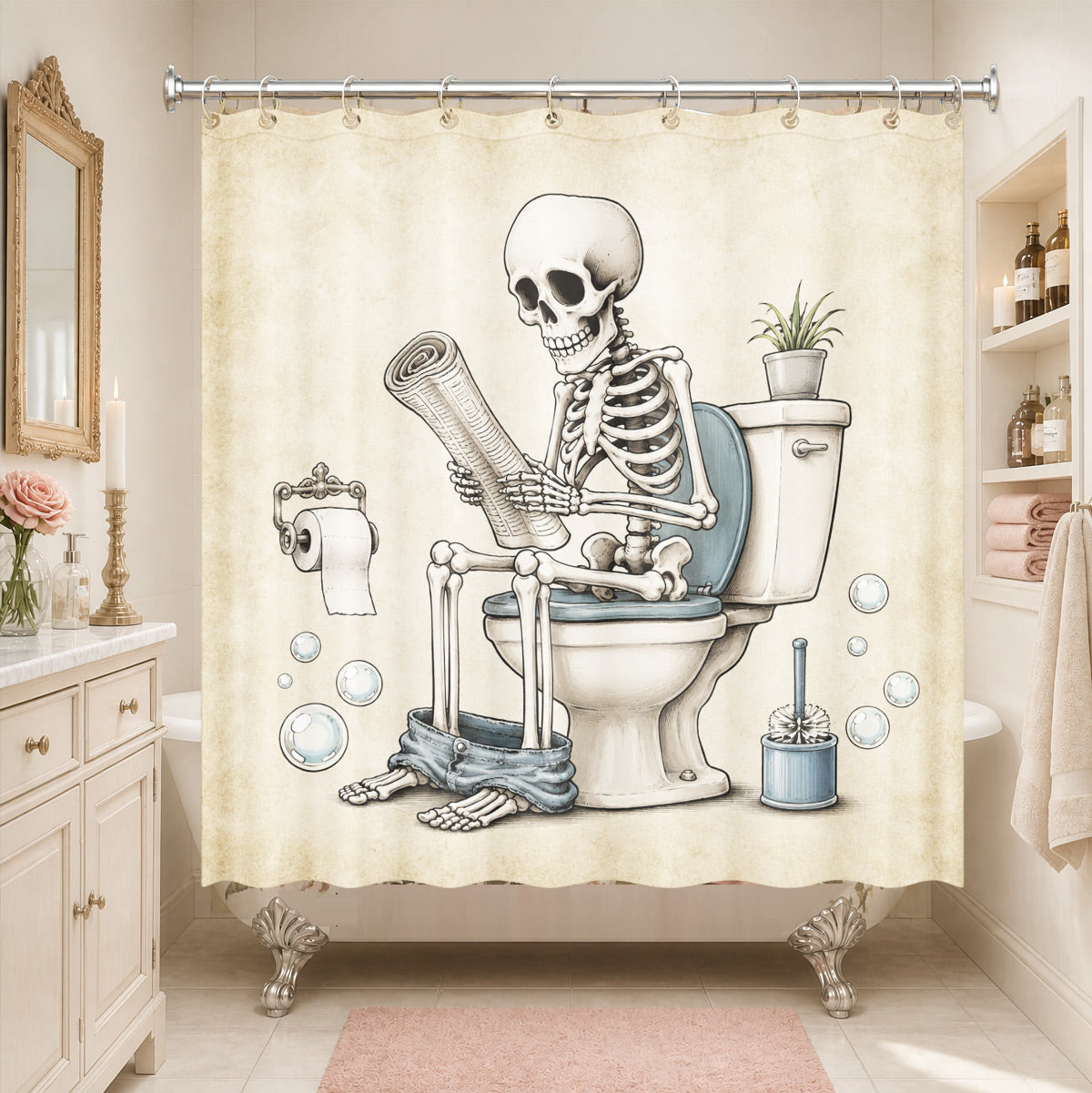 Vintage Skeleton Bathroom Shower Curtain Dark Humor Funny Bath Decor