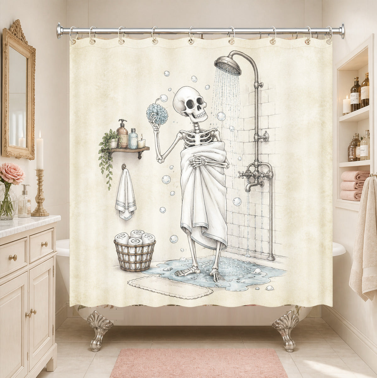 Vintage Skeleton Bathroom Shower Curtain Dark Humor Funny Bath Decor