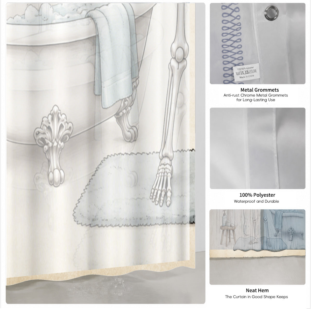 Vintage Skeleton Bathroom Shower Curtain Dark Humor Funny Bath Decor