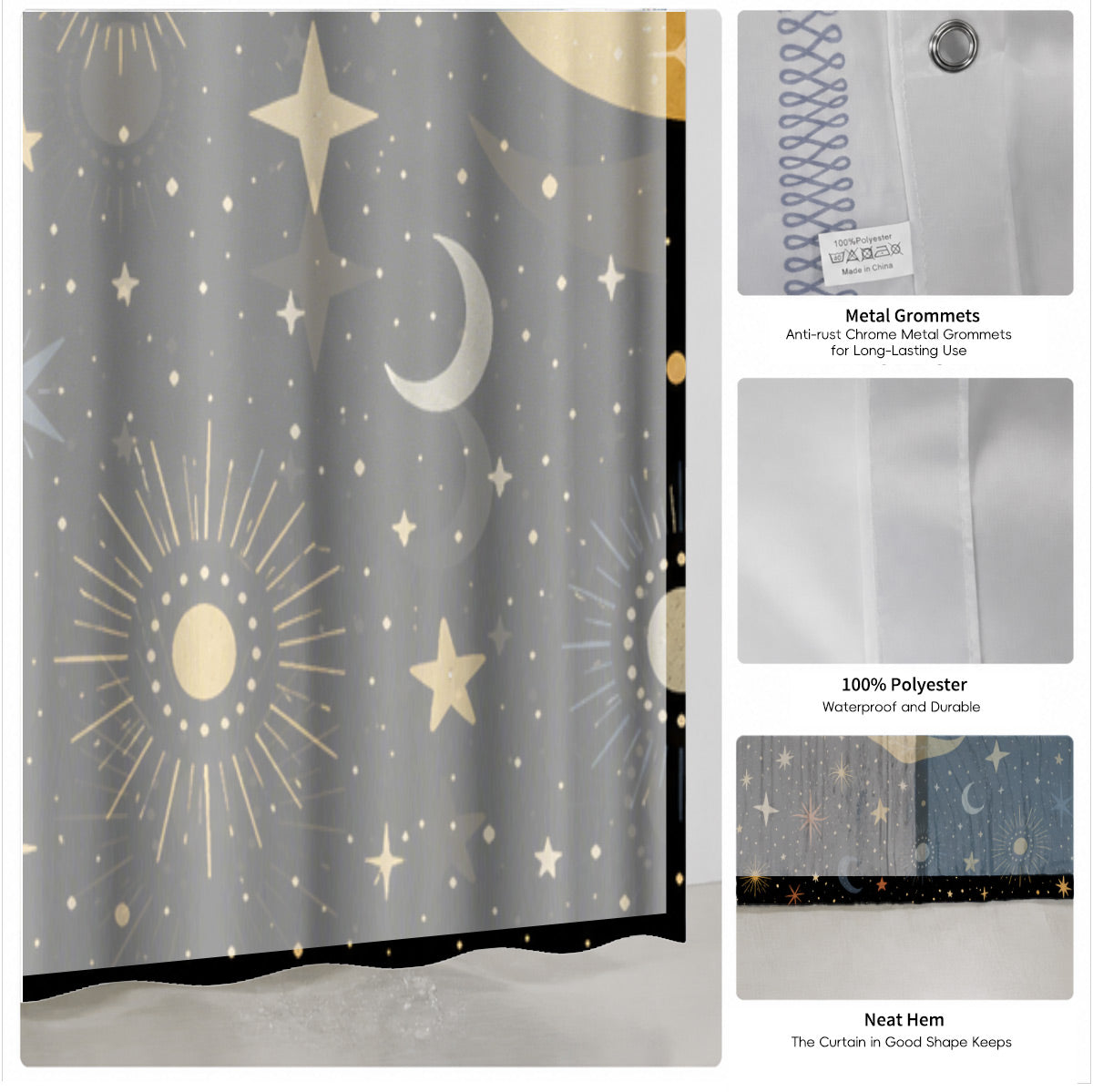 Celestial Sun Moon Star Shower Curtain Vintage Boho Waterproof Bath Decor