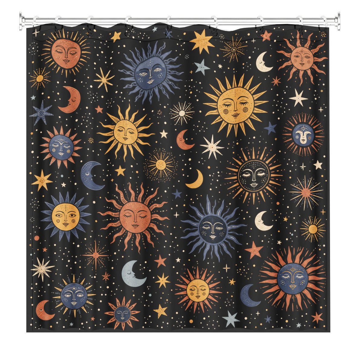 Celestial Sun Moon Star Shower Curtain Vintage Boho Waterproof Bath Decor