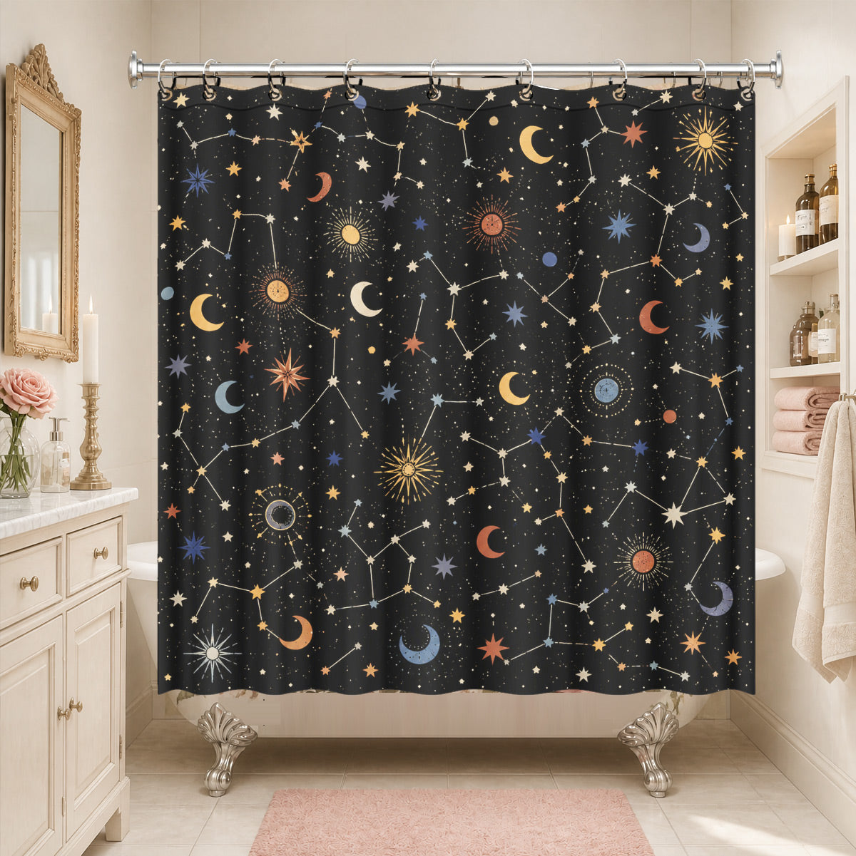 Celestial Sun Moon Star Shower Curtain Vintage Boho Waterproof Bath Decor