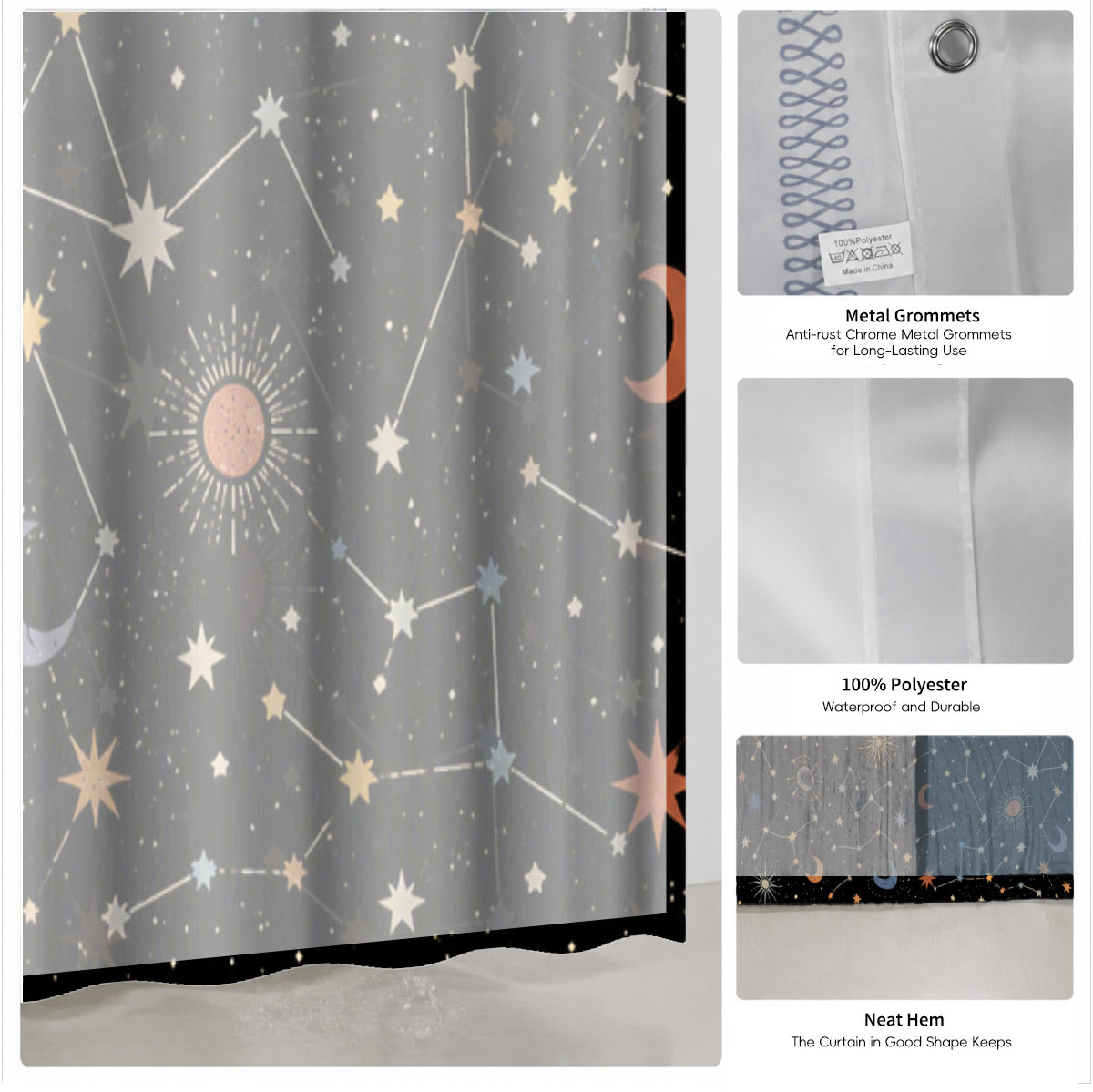 Celestial Sun Moon Star Shower Curtain Vintage Boho Waterproof Bath Decor