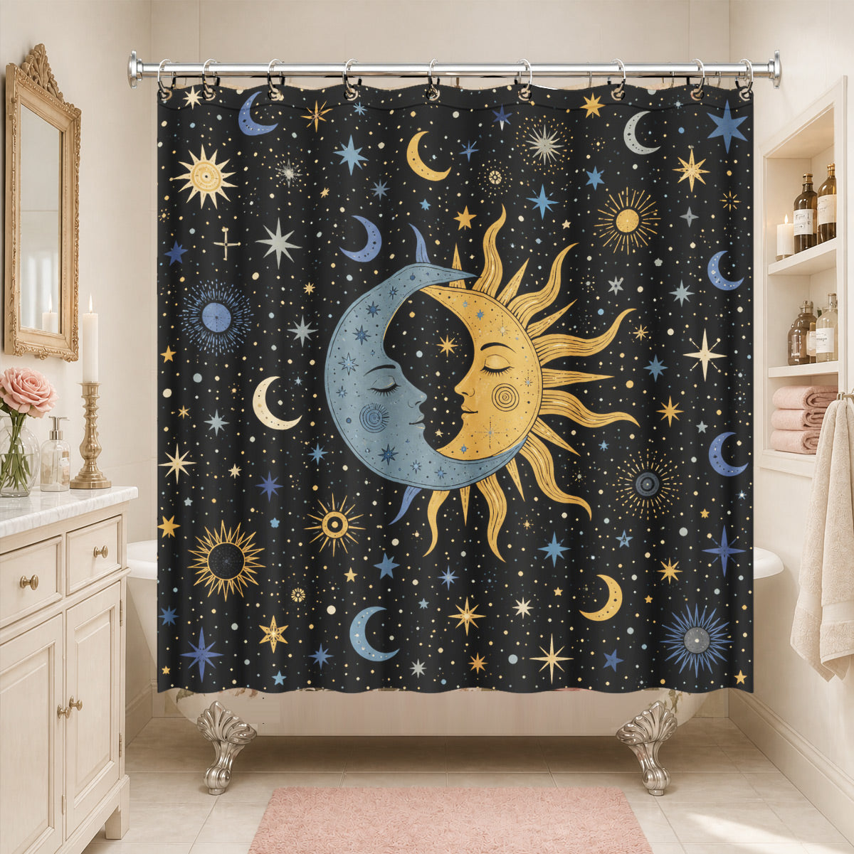 Celestial Sun Moon Star Shower Curtain Vintage Boho Waterproof Bath Decor