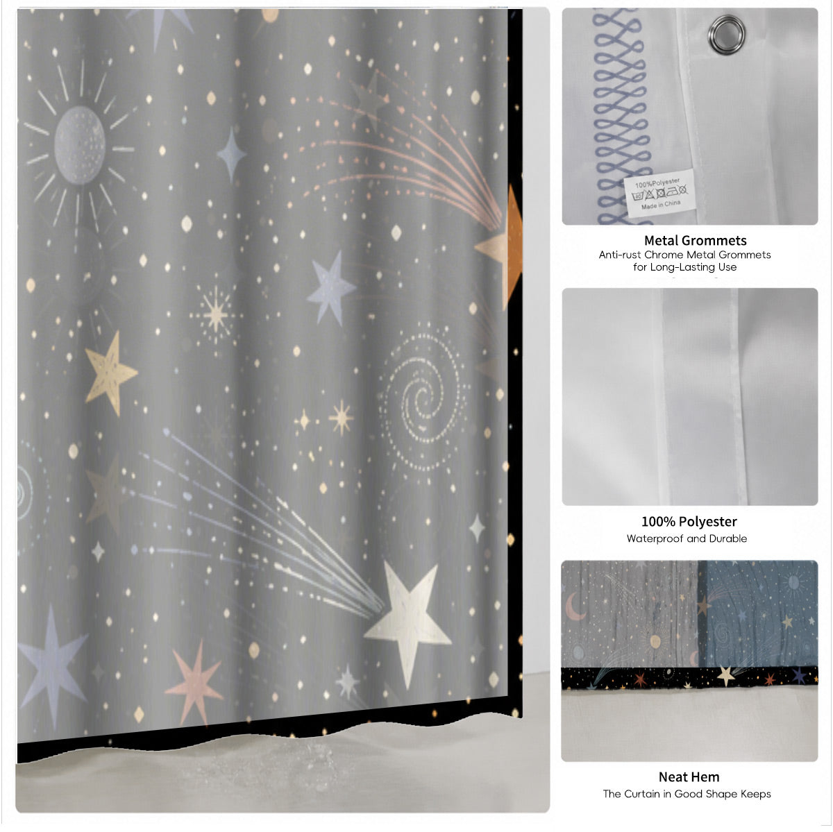 Celestial Sun Moon Star Shower Curtain Vintage Boho Waterproof Bath Decor