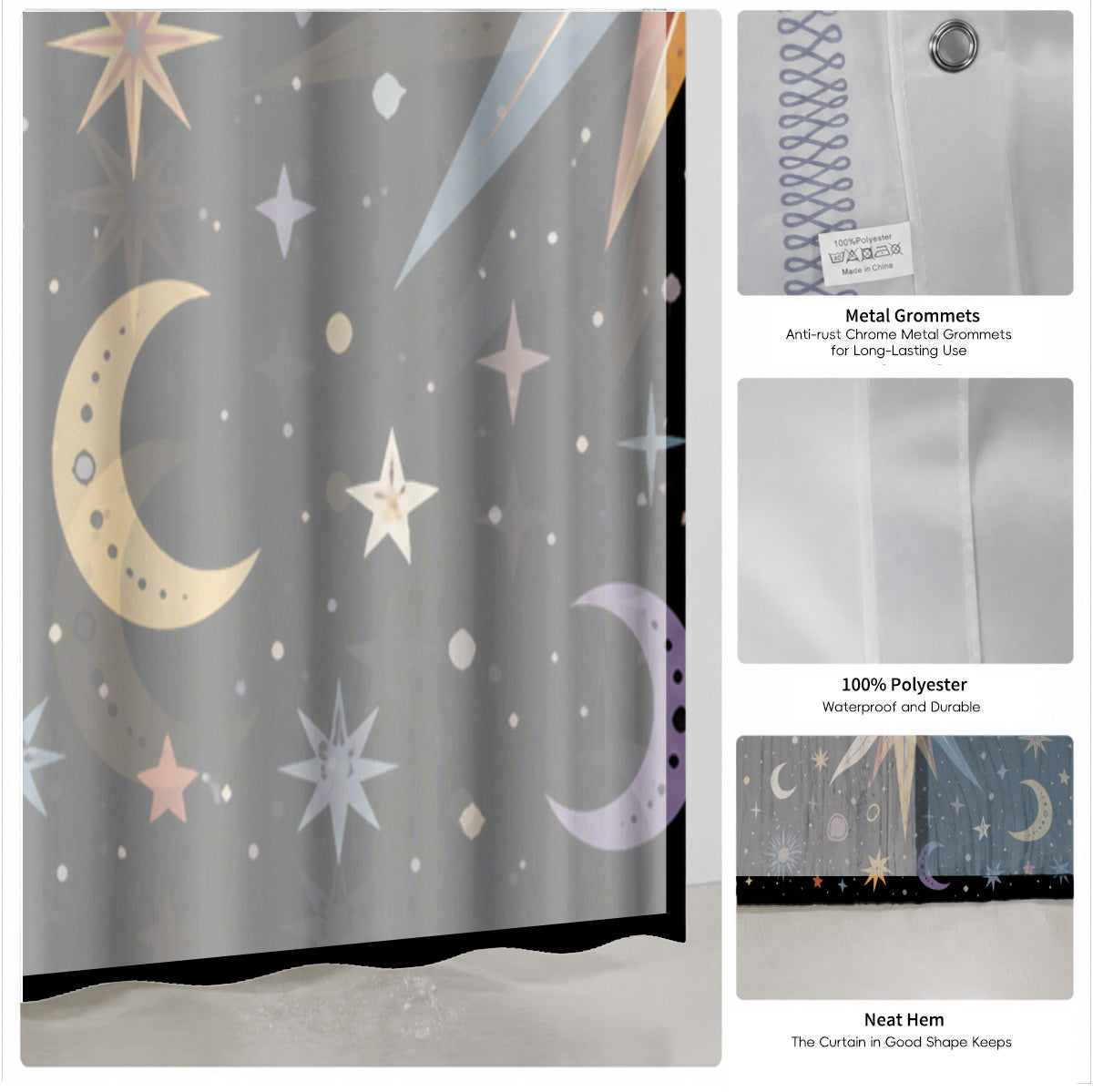 Celestial Sun Moon Star Shower Curtain Vintage Boho Waterproof Bath Decor