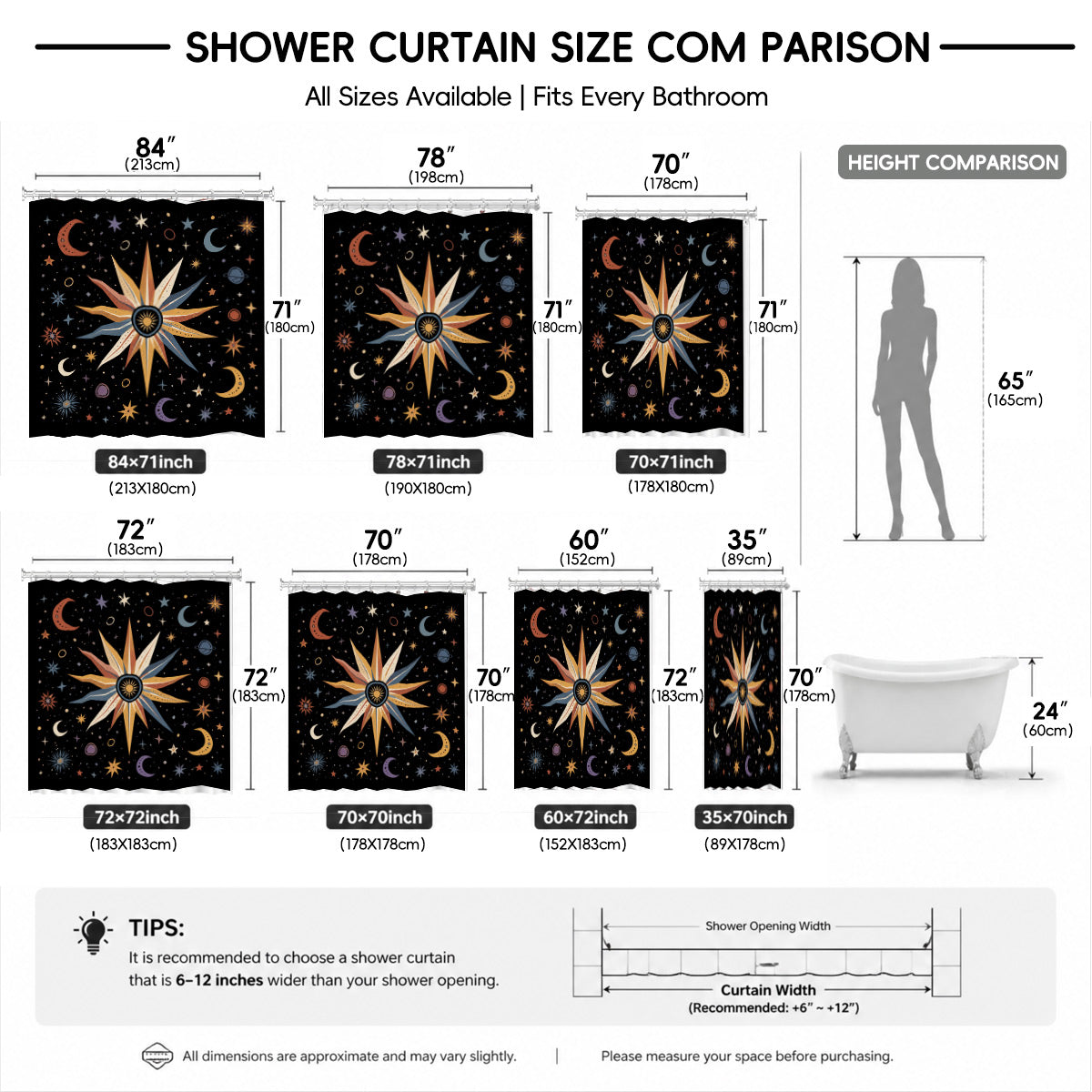 Celestial Sun Moon Star Shower Curtain Vintage Boho Waterproof Bath Decor