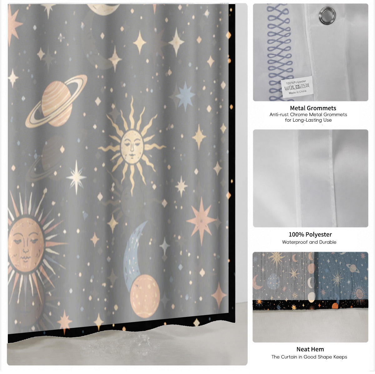 Celestial Sun Moon Star Shower Curtain Vintage Boho Waterproof Bath Decor