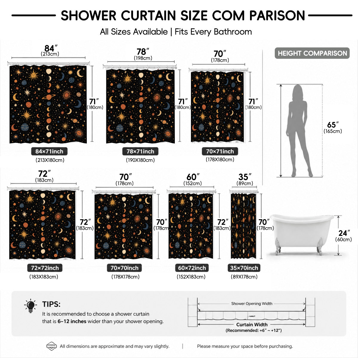 Celestial Sun Moon Star Shower Curtain Vintage Boho Waterproof Bath Decor