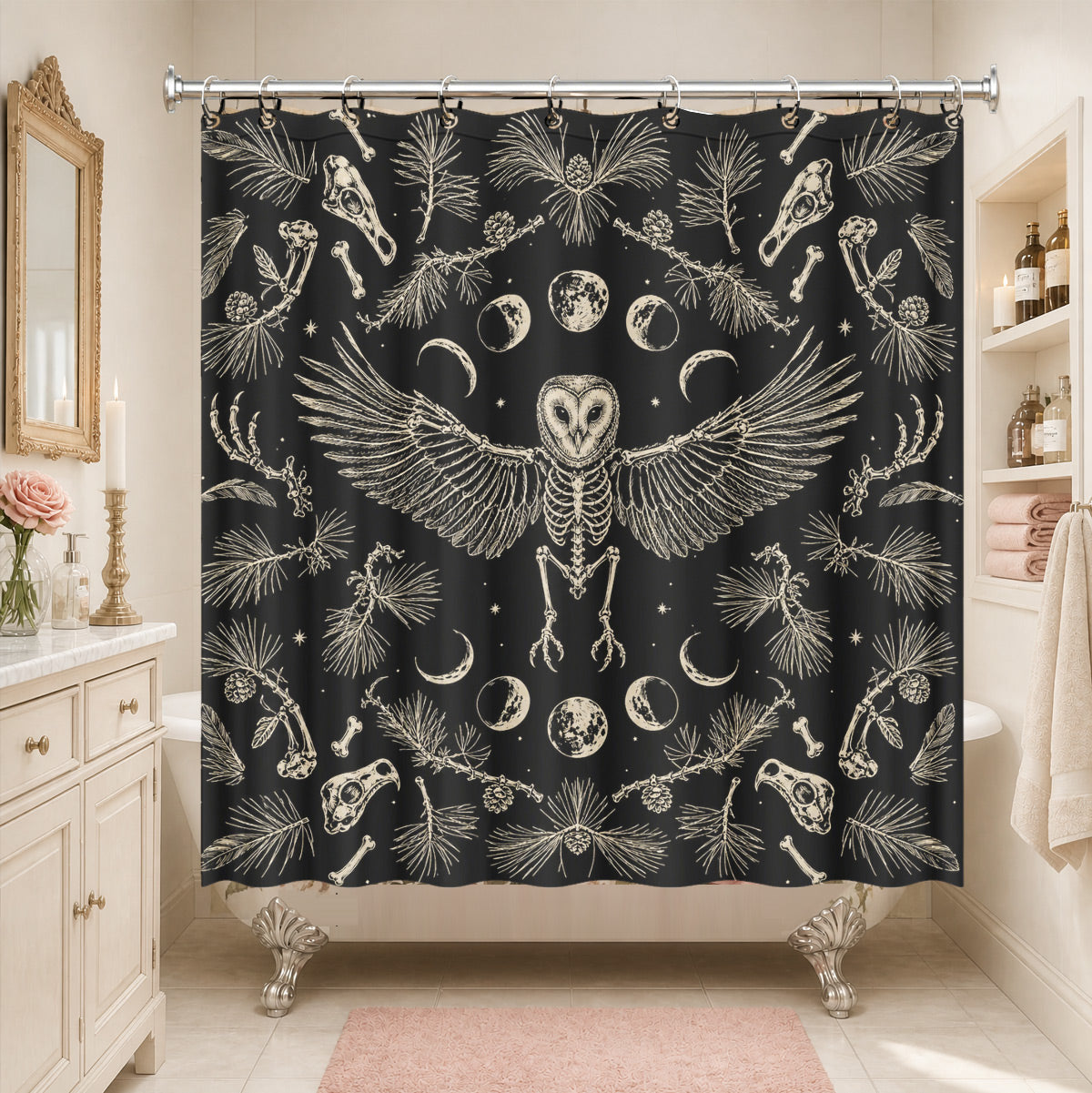 Shower Curtain Skeleton Floral Vintage Etched Dark Academia Waterproof Decor