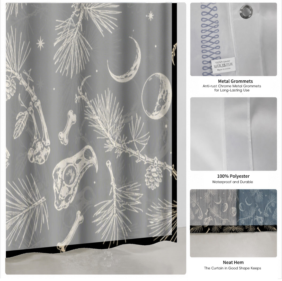 Shower Curtain Skeleton Floral Vintage Etched Dark Academia Waterproof Decor