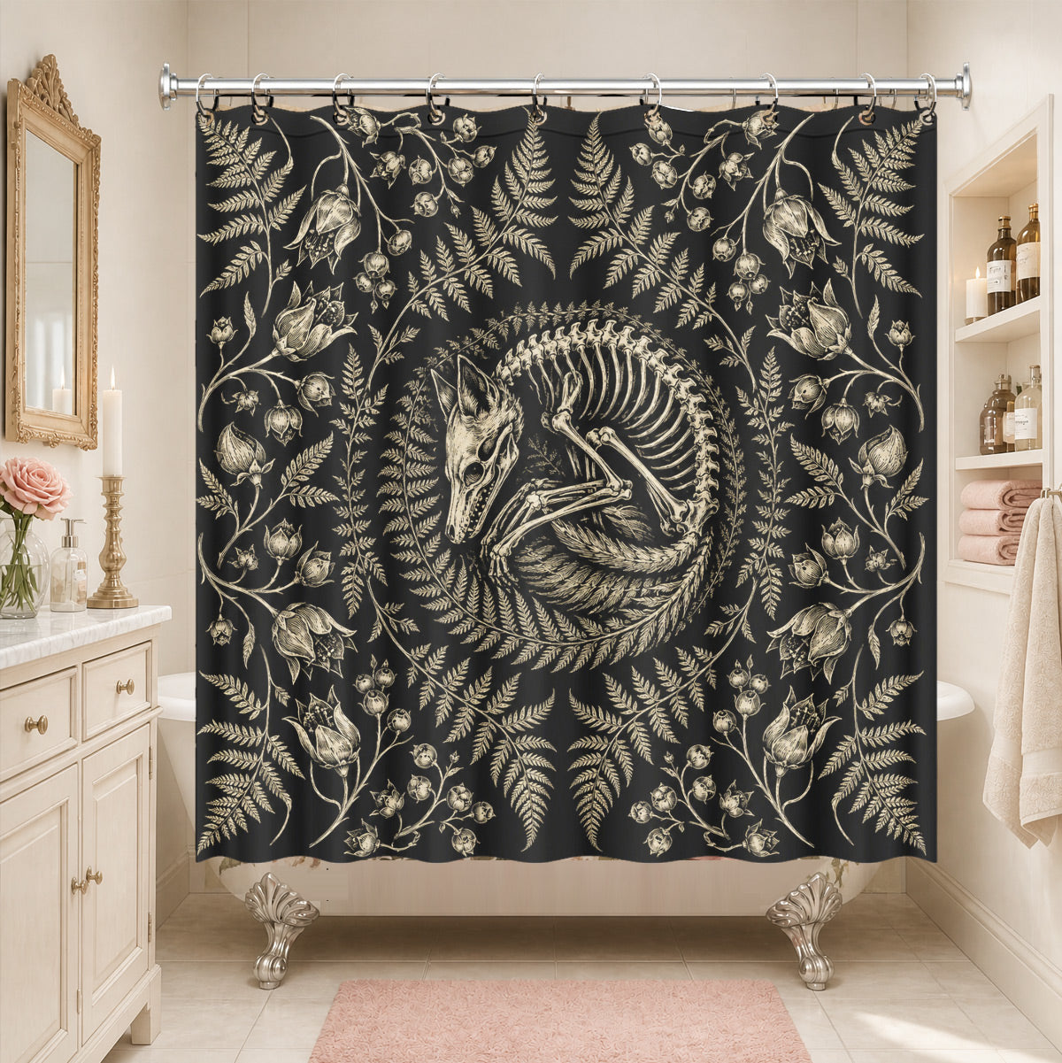 Shower Curtain Skeleton Floral Vintage Etched Dark Academia Waterproof Decor