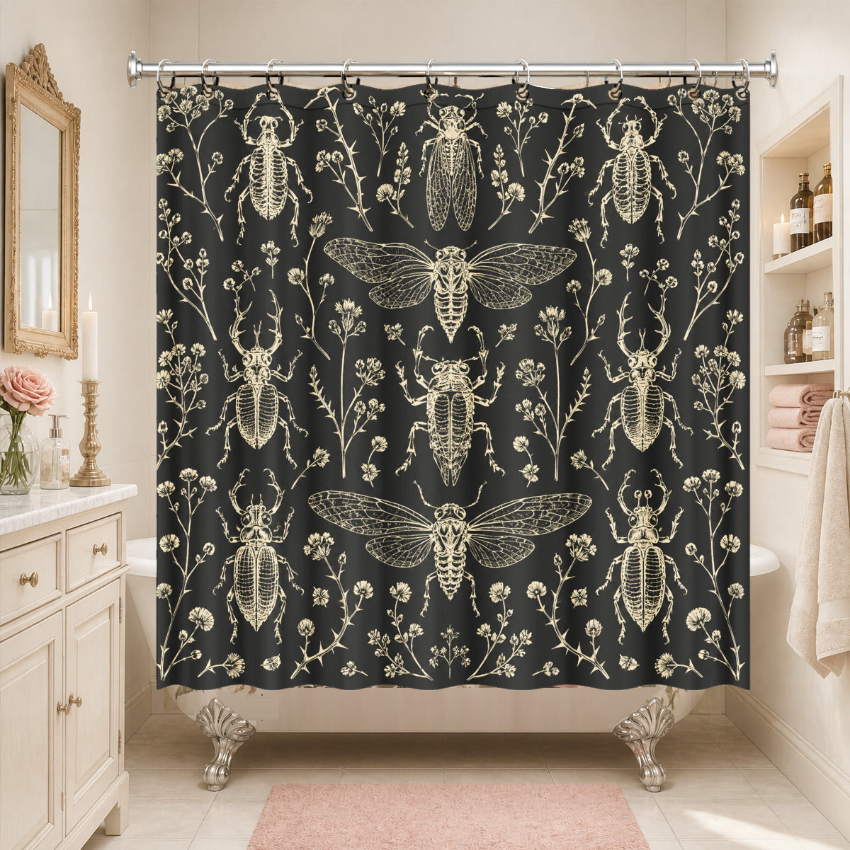 Shower Curtain Skeleton Floral Vintage Etched Dark Academia Waterproof Decor