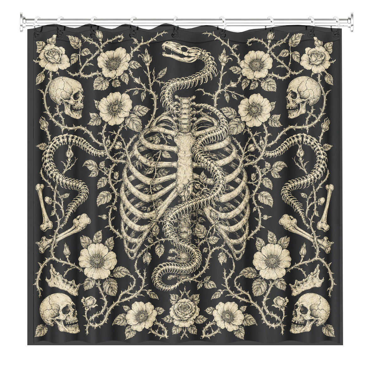 Shower Curtain Skeleton Floral Vintage Etched Dark Academia Waterproof Decor