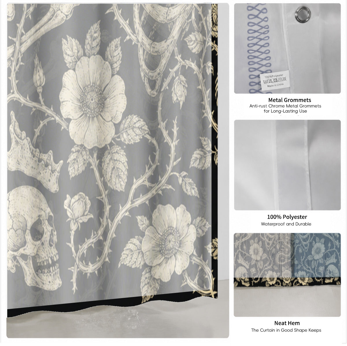 Shower Curtain Skeleton Floral Vintage Etched Dark Academia Waterproof Decor
