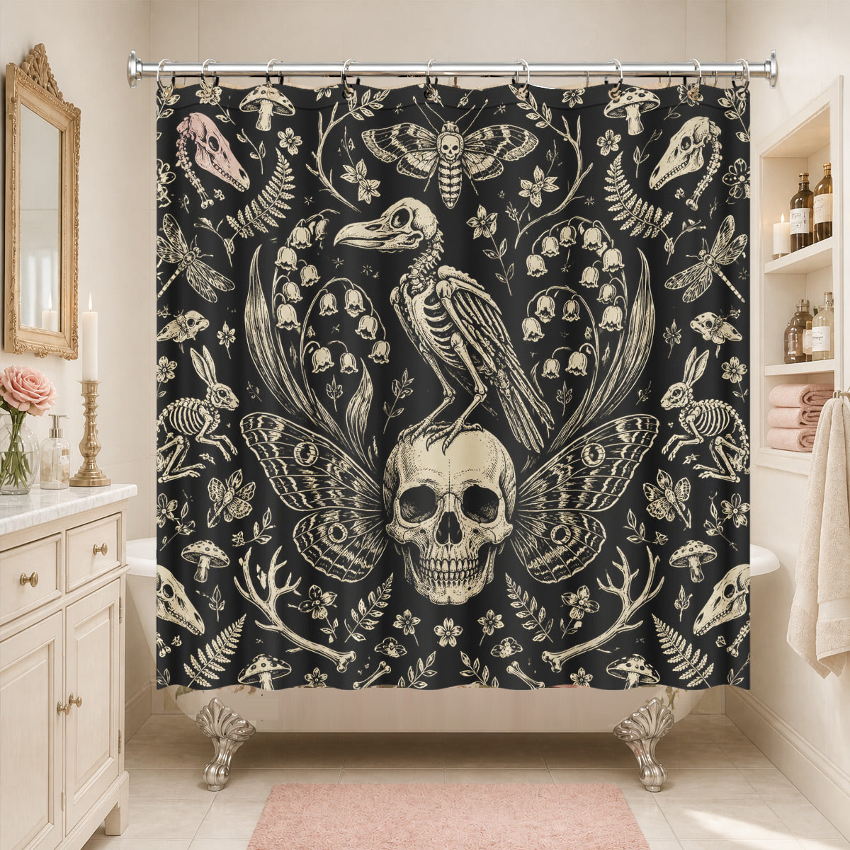 Shower Curtain Skeleton Floral Vintage Etched Dark Academia Waterproof Decor