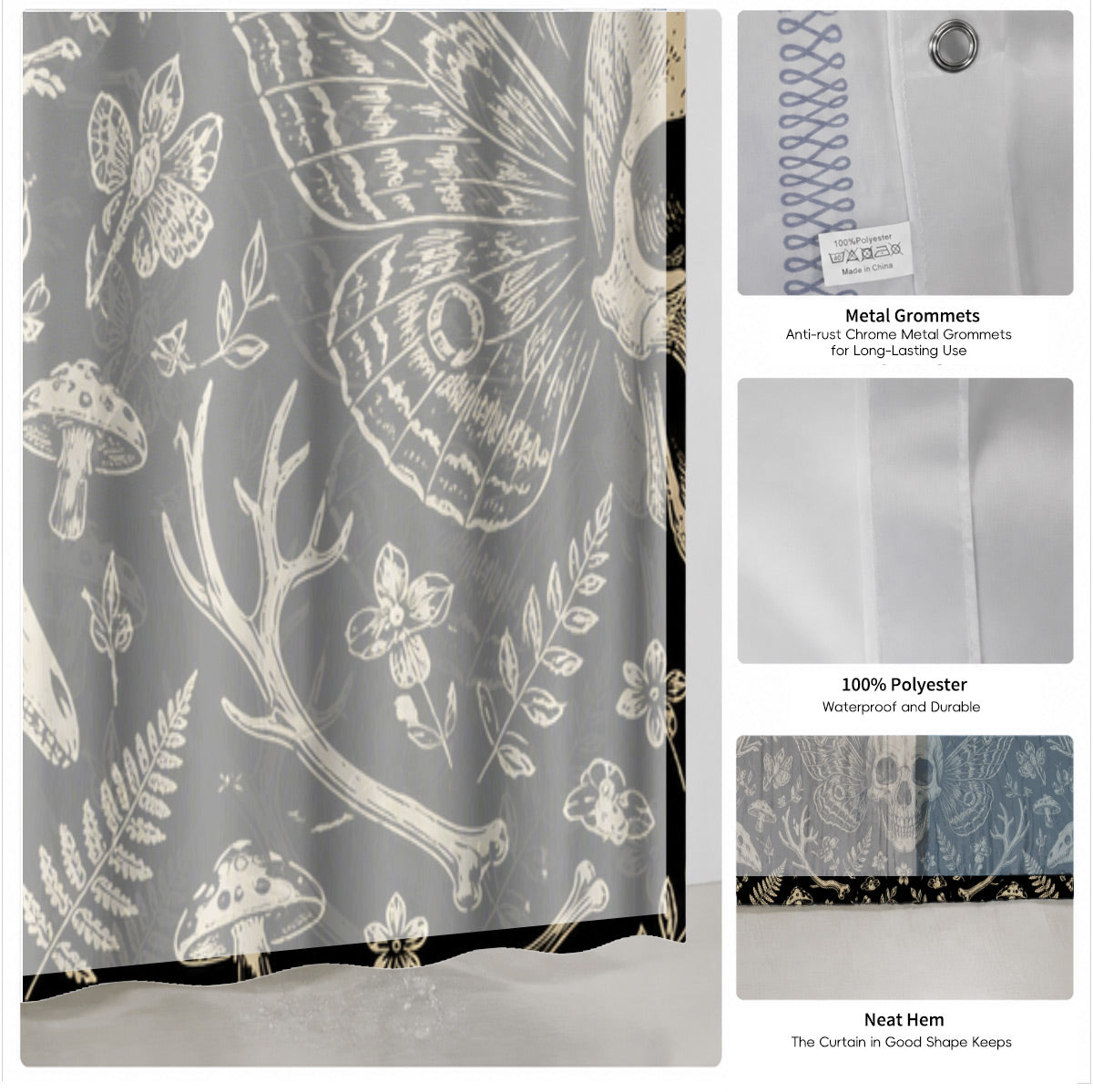 Shower Curtain Skeleton Floral Vintage Etched Dark Academia Waterproof Decor