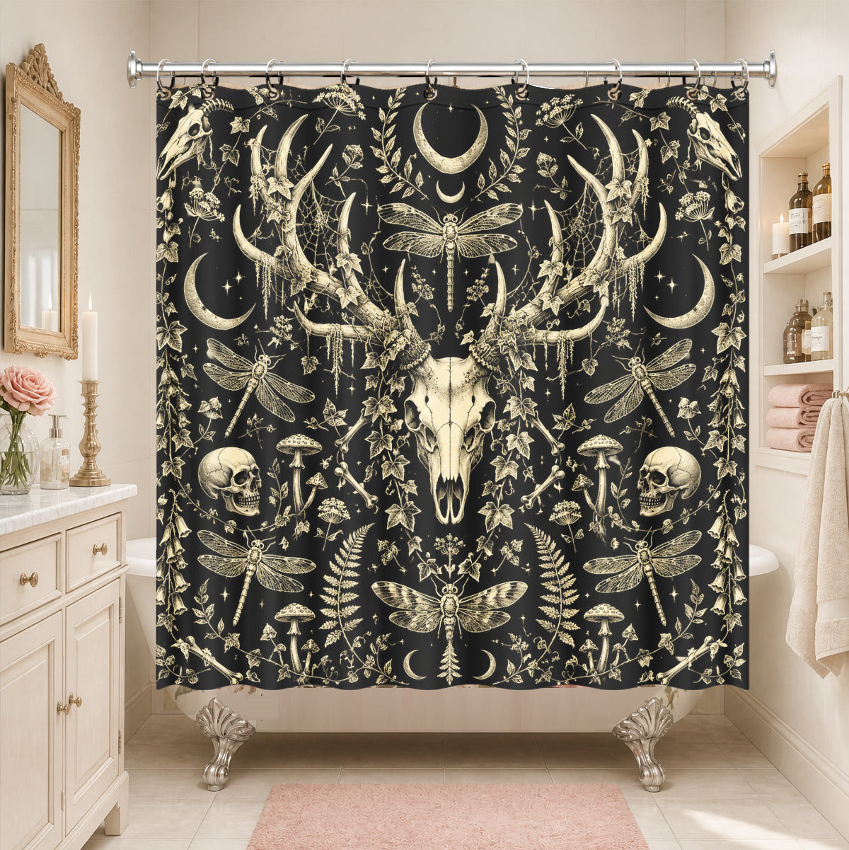 Shower Curtain Skeleton Floral Vintage Etched Dark Academia Waterproof Decor