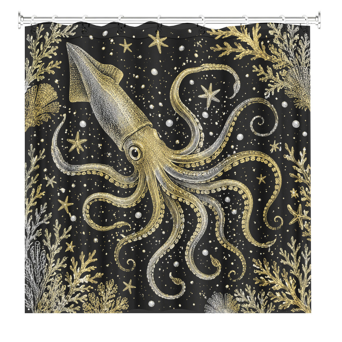 Vintage Ocean Animals Shower Curtain Nautical Gold Waterproof Decor