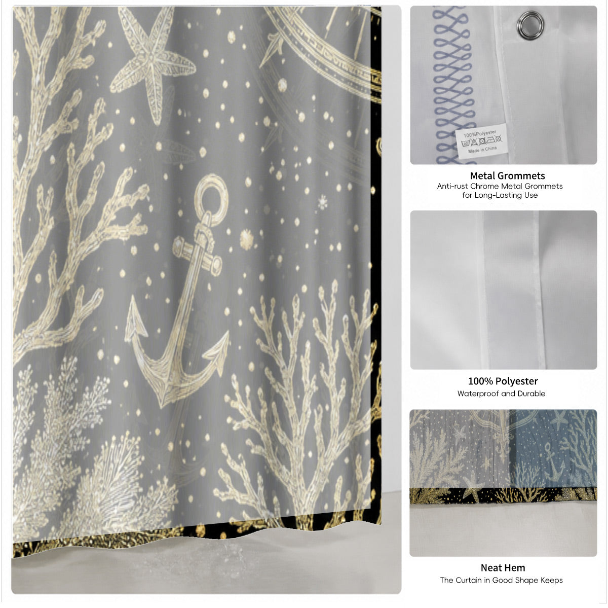 Vintage Ocean Animals Shower Curtain Nautical Gold Waterproof Decor