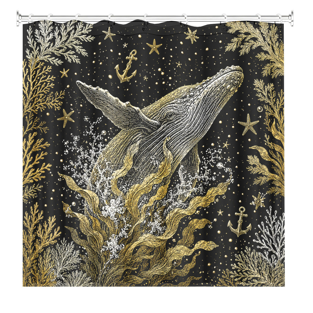 Vintage Ocean Animals Shower Curtain Nautical Gold Waterproof Decor