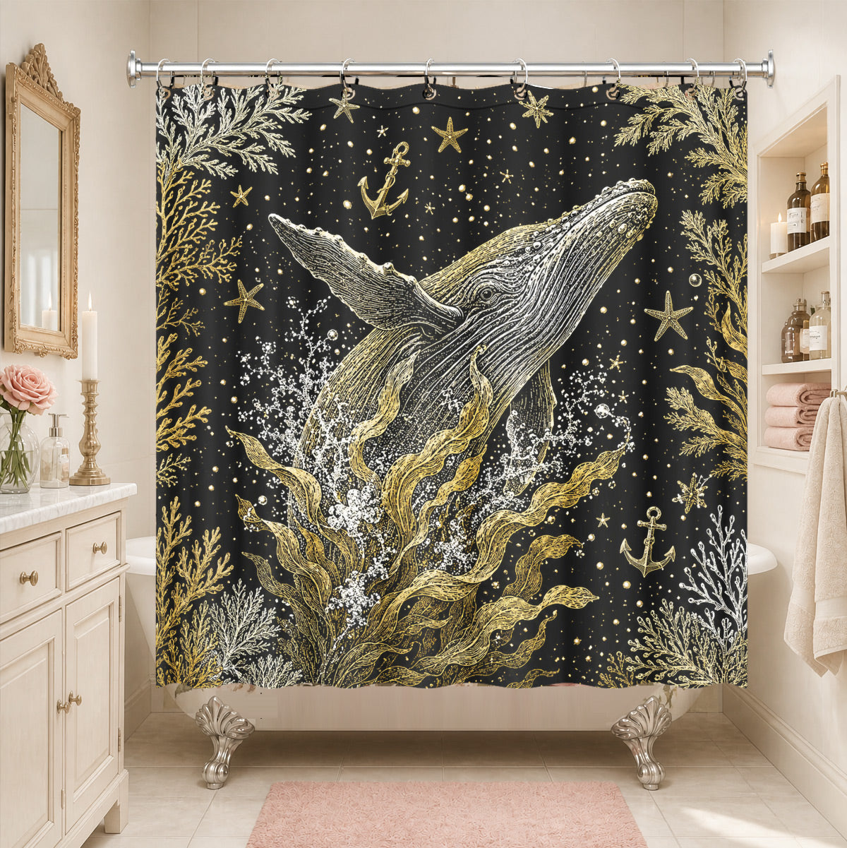 Vintage Ocean Animals Shower Curtain Nautical Gold Waterproof Decor
