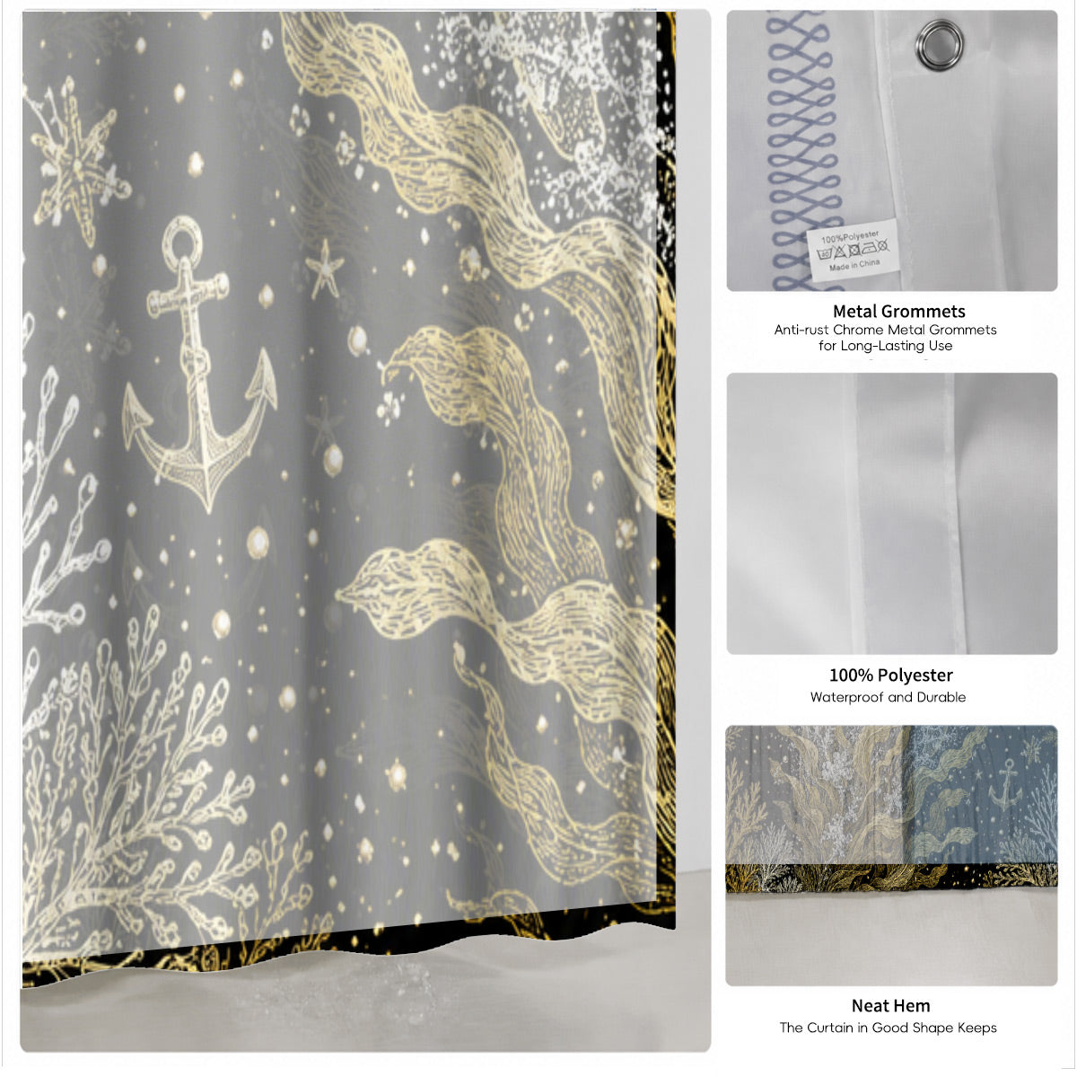 Vintage Ocean Animals Shower Curtain Nautical Gold Waterproof Decor