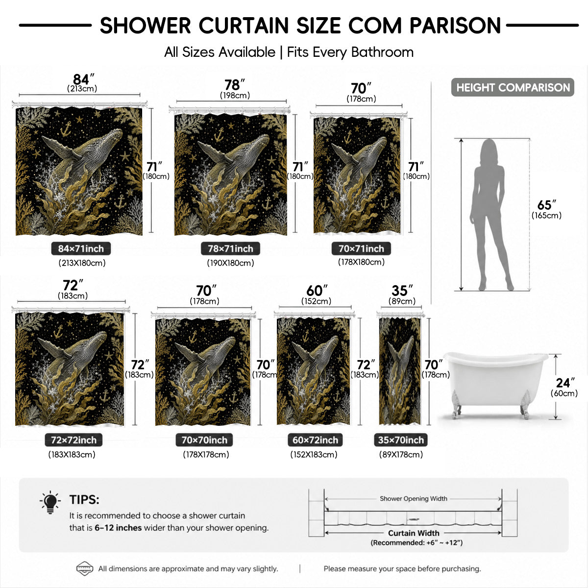 Vintage Ocean Animals Shower Curtain Nautical Gold Waterproof Decor