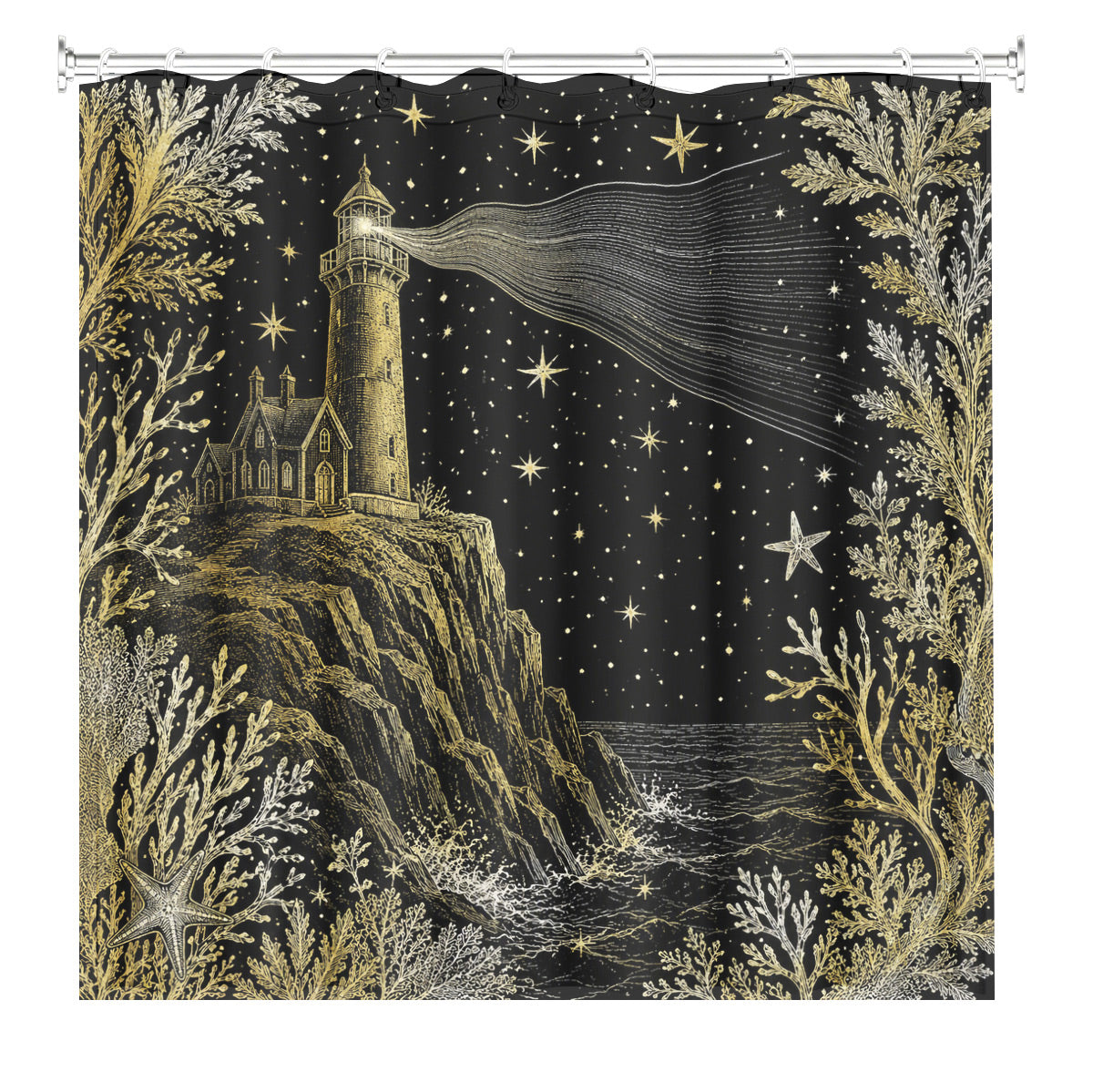 Vintage Ocean Animals Shower Curtain Nautical Gold Waterproof Decor
