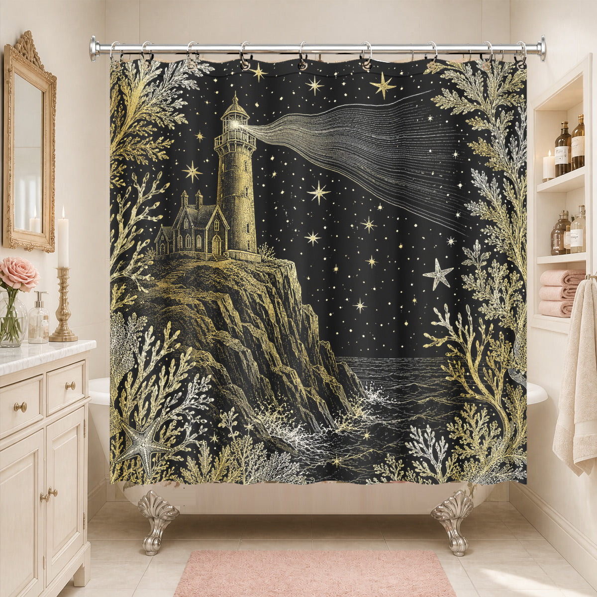 Vintage Ocean Animals Shower Curtain Nautical Gold Waterproof Decor