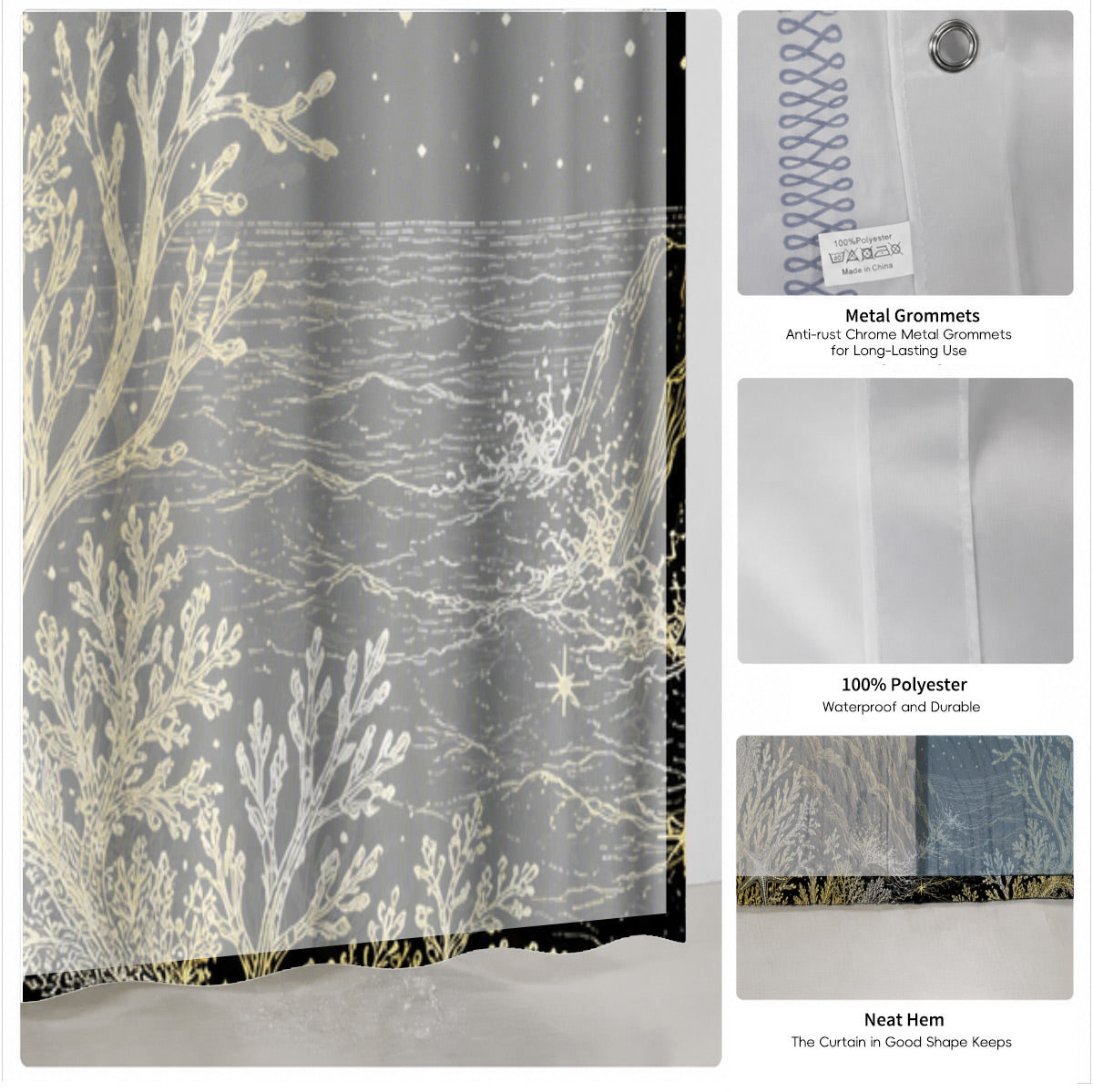 Vintage Ocean Animals Shower Curtain Nautical Gold Waterproof Decor