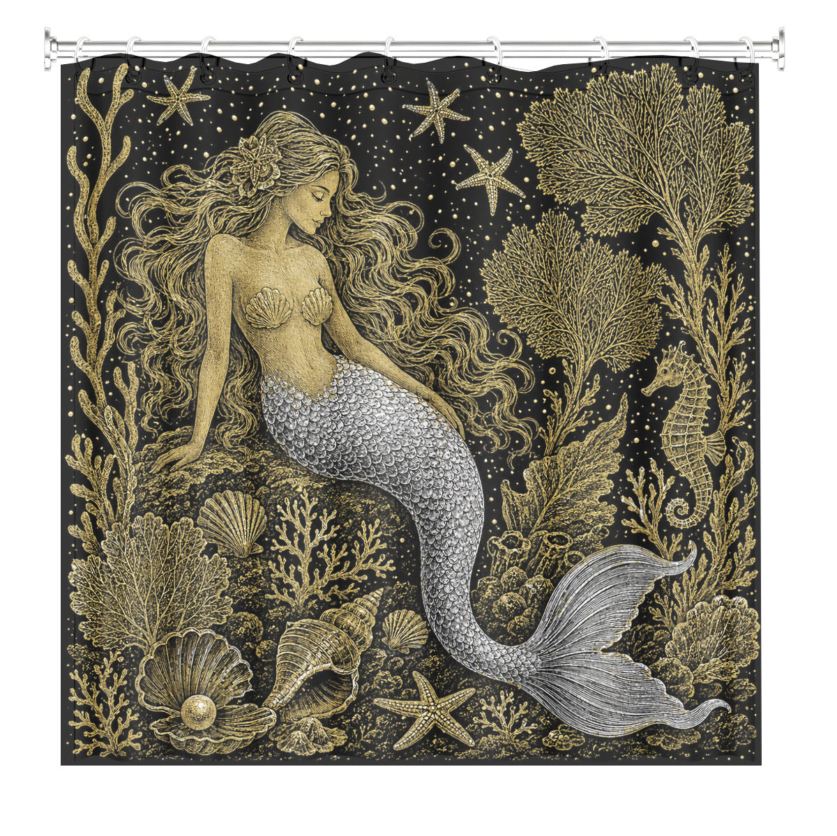 Vintage Ocean Animals Shower Curtain Nautical Gold Waterproof Decor