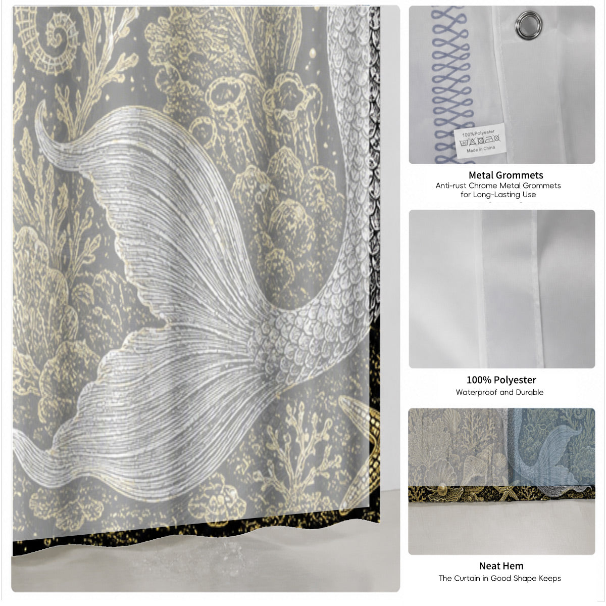 Vintage Ocean Animals Shower Curtain Nautical Gold Waterproof Decor