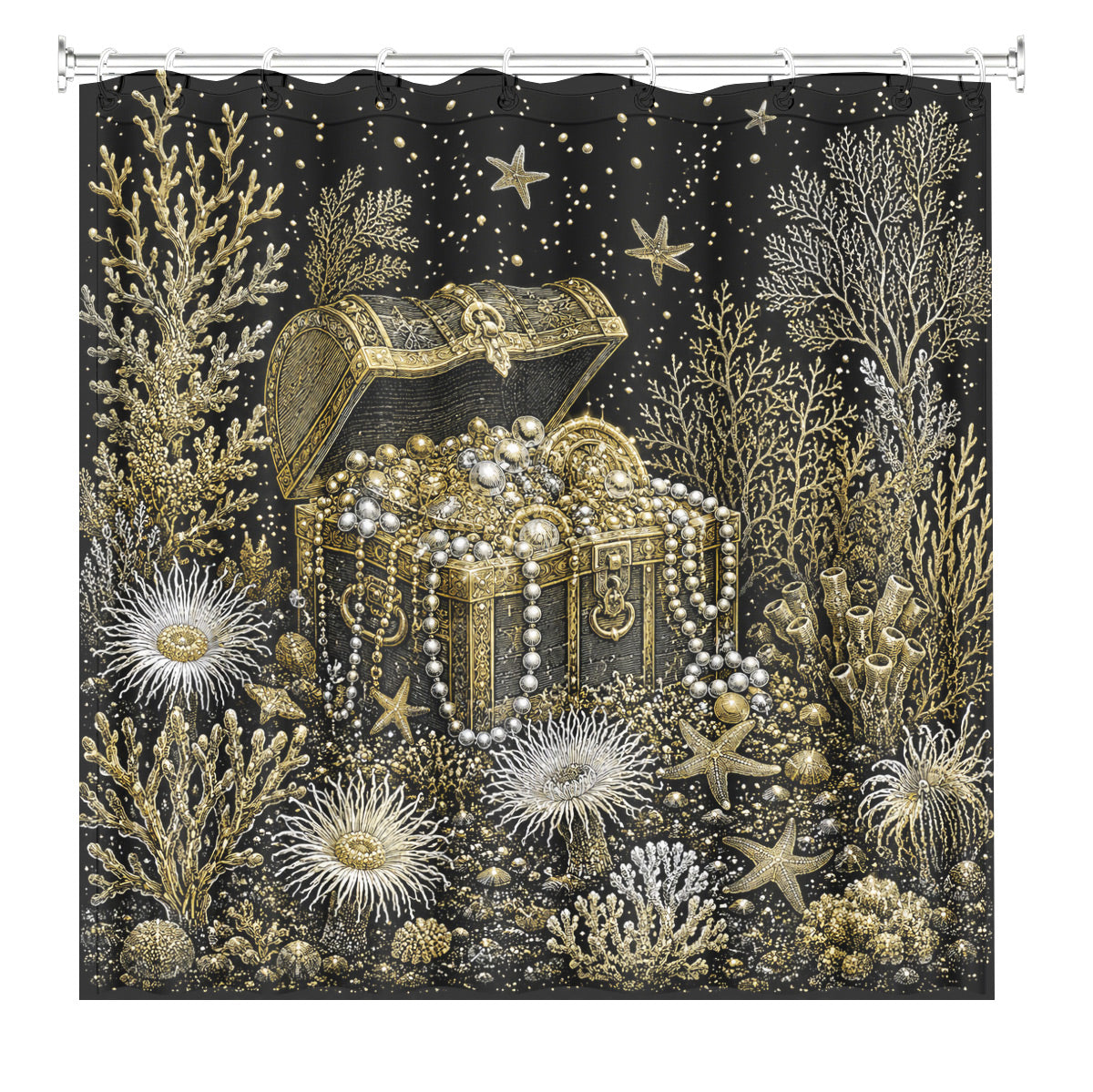 Vintage Ocean Animals Shower Curtain Nautical Gold Waterproof Decor