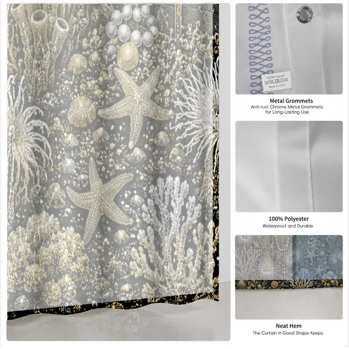 Vintage Ocean Animals Shower Curtain Nautical Gold Waterproof Decor