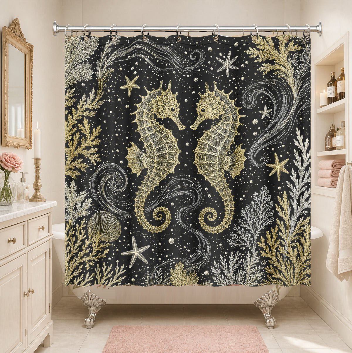 Vintage Ocean Animals Shower Curtain Nautical Gold Waterproof Decor