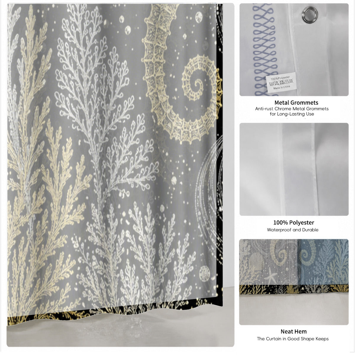 Vintage Ocean Animals Shower Curtain Nautical Gold Waterproof Decor