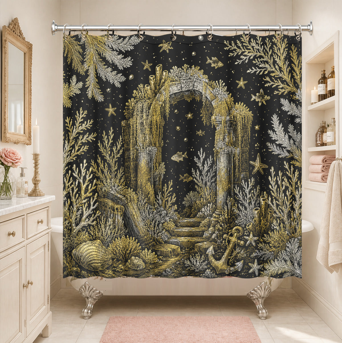 Vintage Ocean Animals Shower Curtain Nautical Gold Waterproof Decor