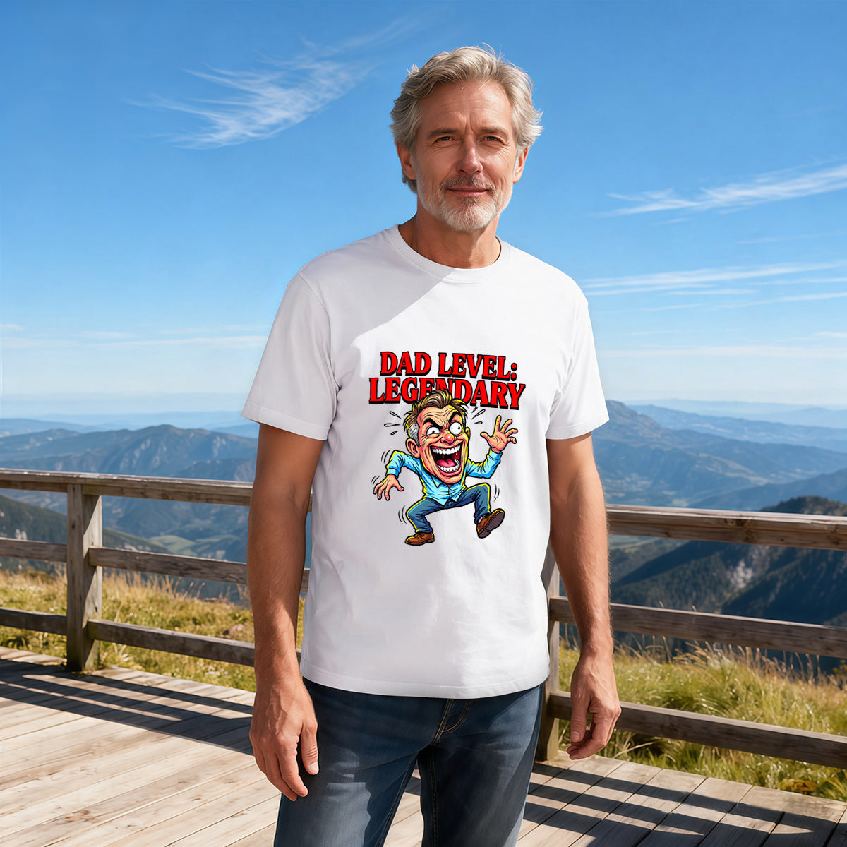 Men's Cotton Dad Level Legendary Cartoon Graphic T-Shirt for Father's Day Casual Wear