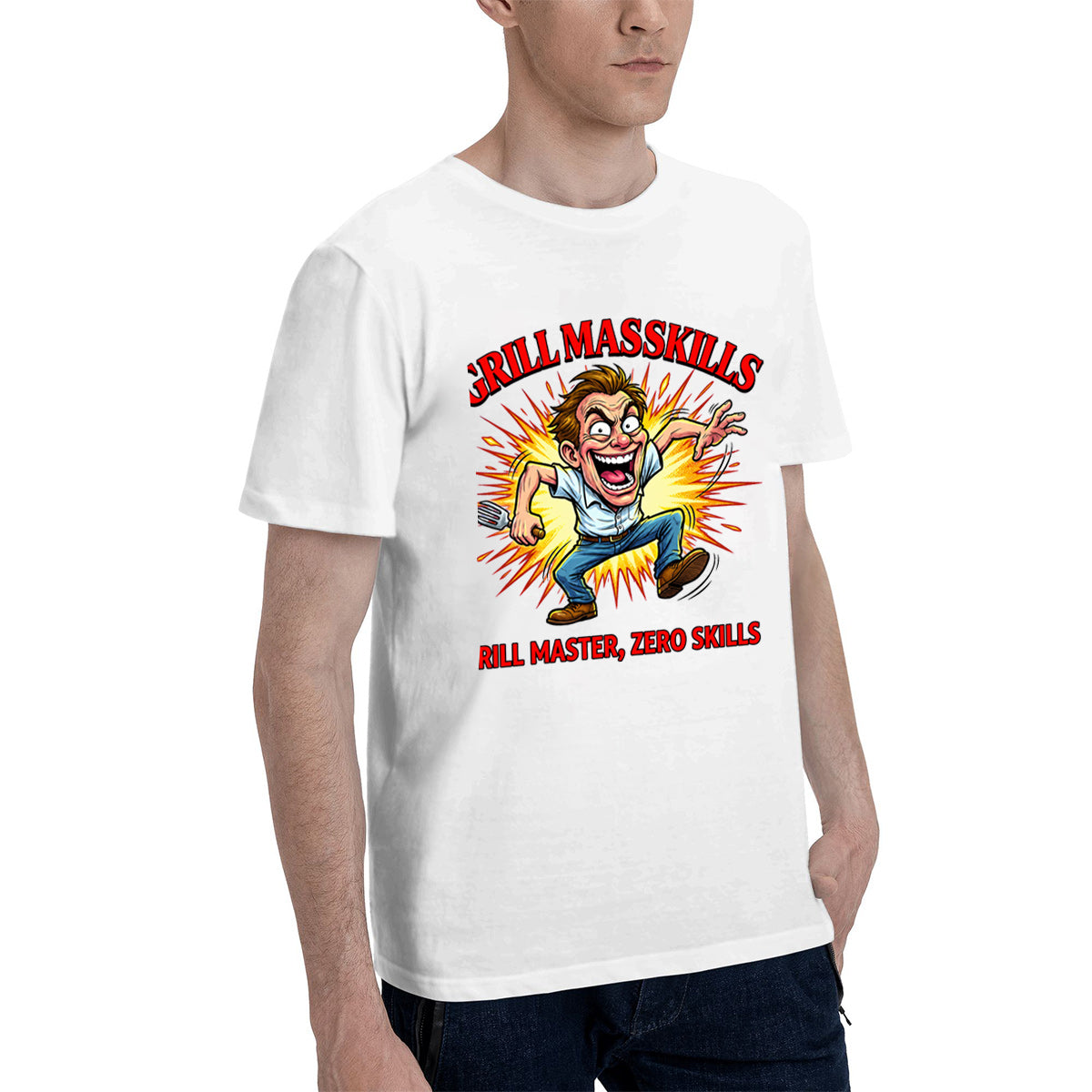 Men's Premium Cotton Funny Grill Master Cartoon Graphic Tee Casual White BBQ T-Shirt