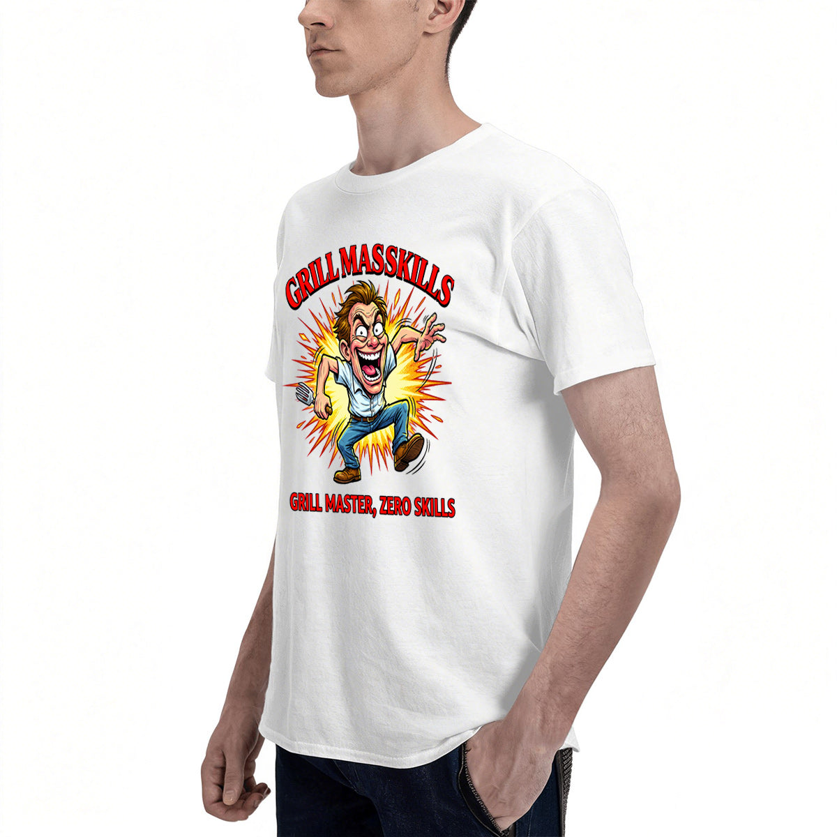 Men's Premium Cotton Funny Grill Master Cartoon Graphic Tee Casual White BBQ T-Shirt