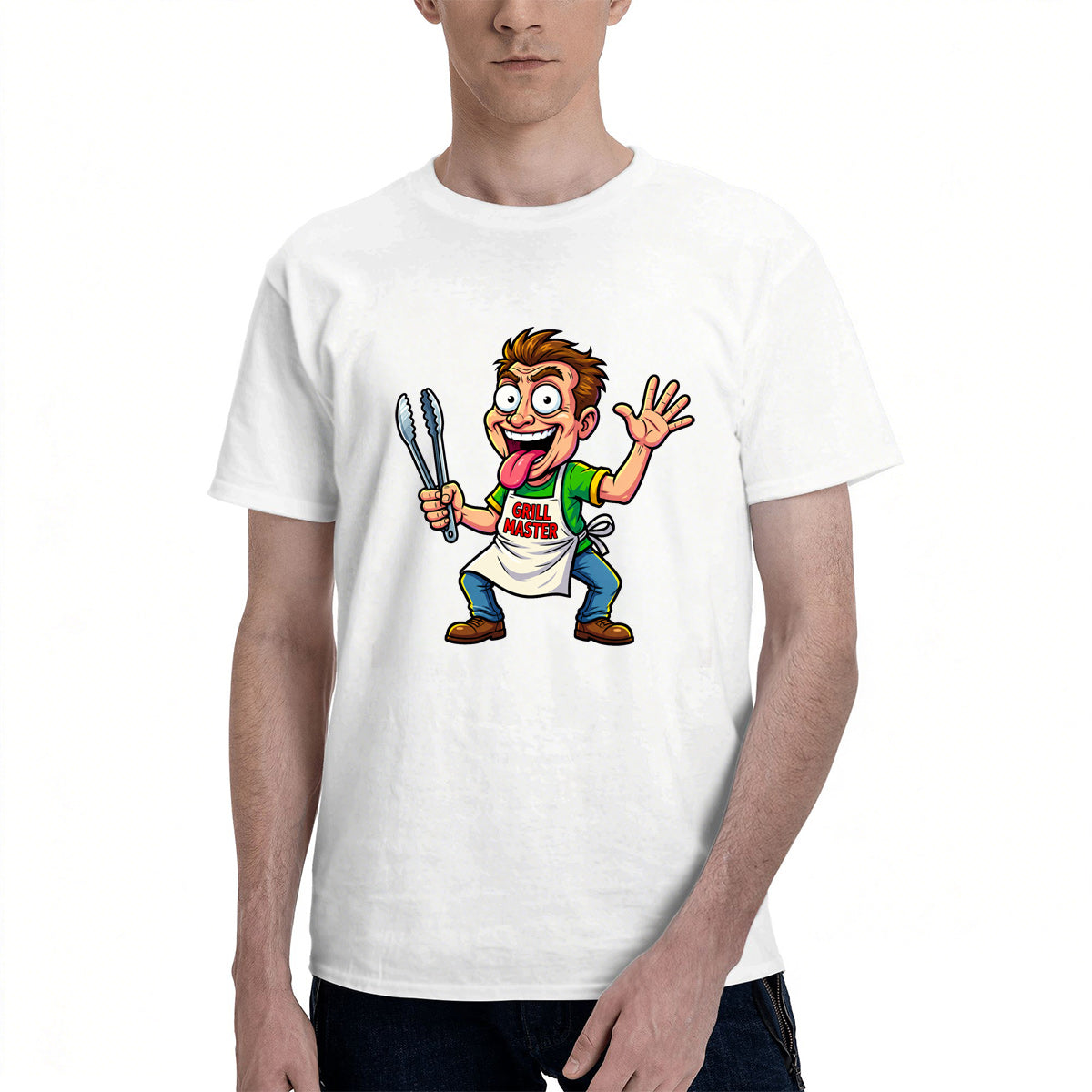 Men's Premium Cotton Funny Grill Master Cartoon Graphic Tee Casual White BBQ T-Shirt