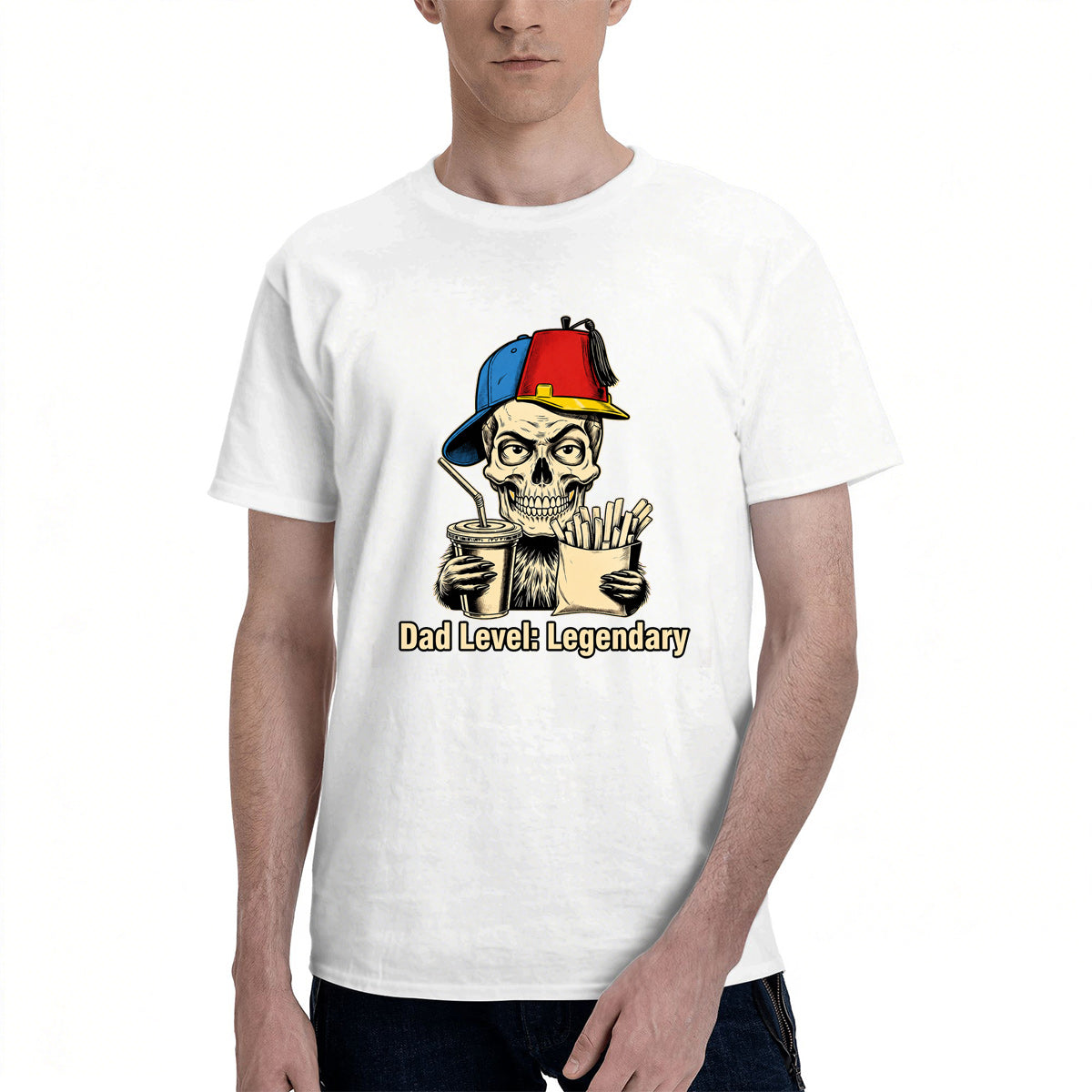 Men's Premium Cotton Dad Level Legendary Skull Graphic Tee Casual White Crew Neck T-Shirt