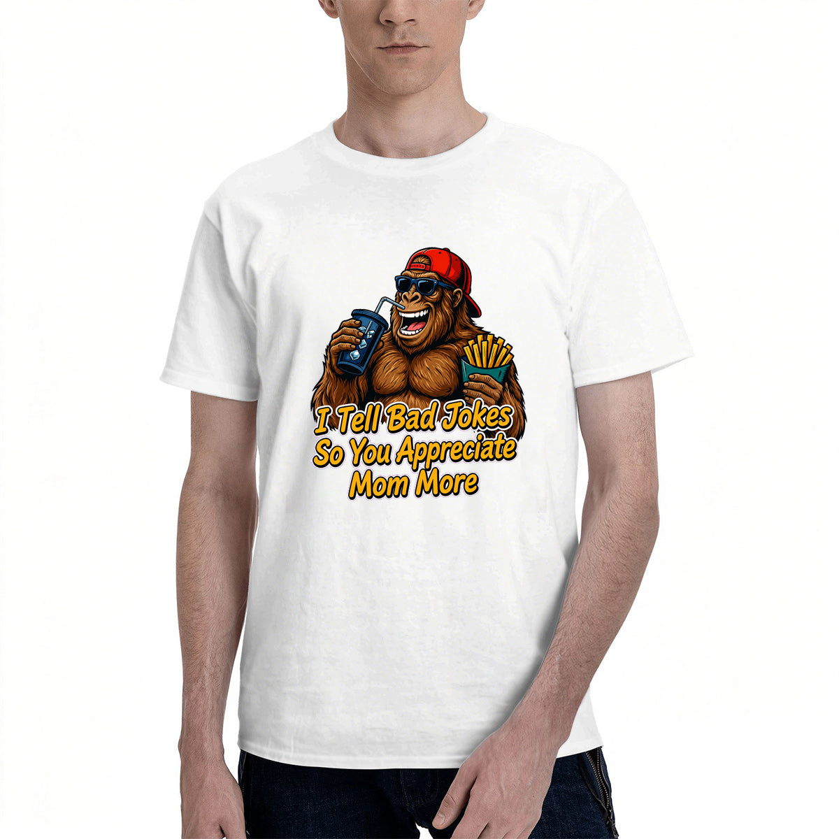 Men's Premium Cotton Bigfoot Dad Joke Graphic T-Shirt Funny Humor Casual Crew Neck Tee
