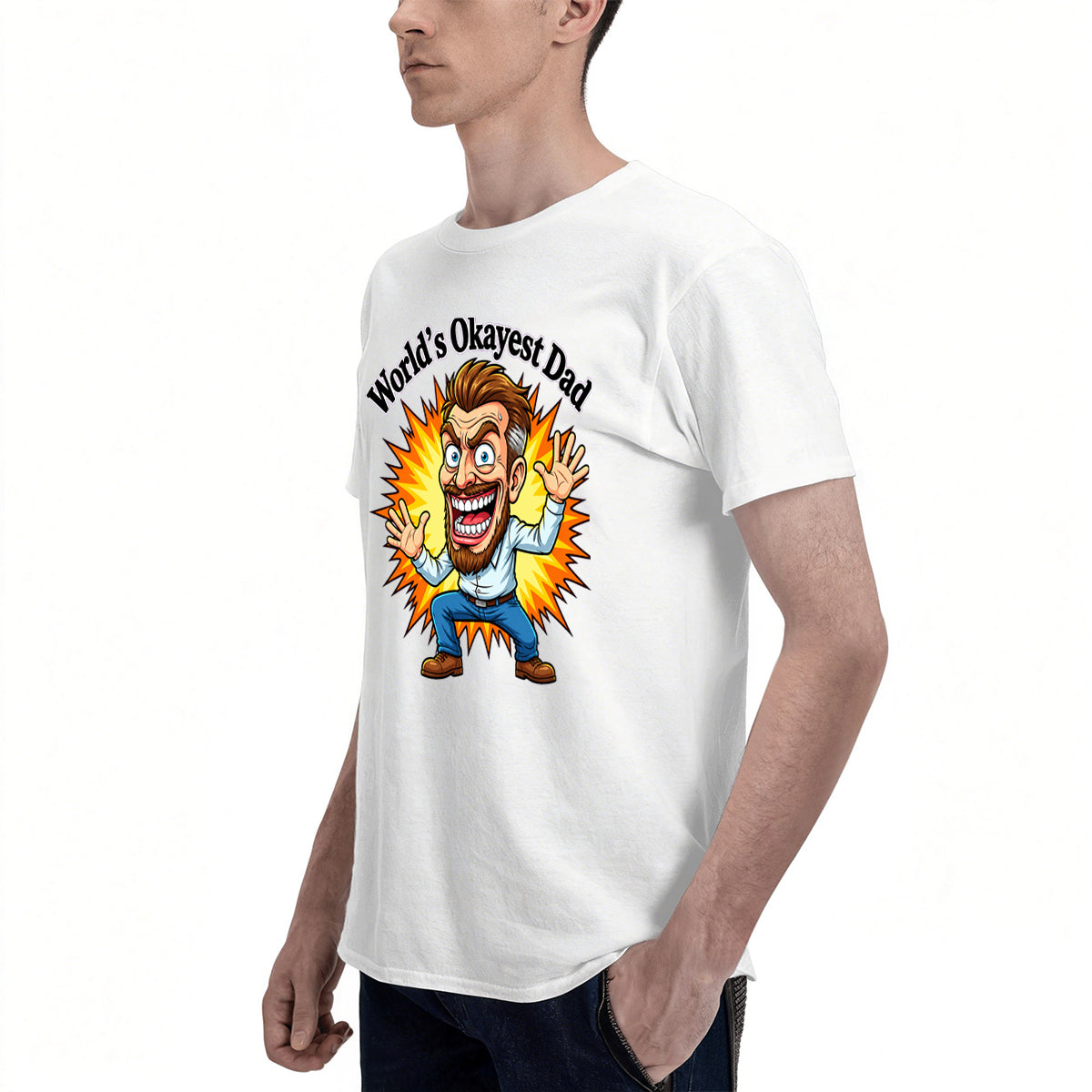 Men's Cotton World's Okayest Dad Funny Cartoon Graphic Tee for Father's Day Casual Wear