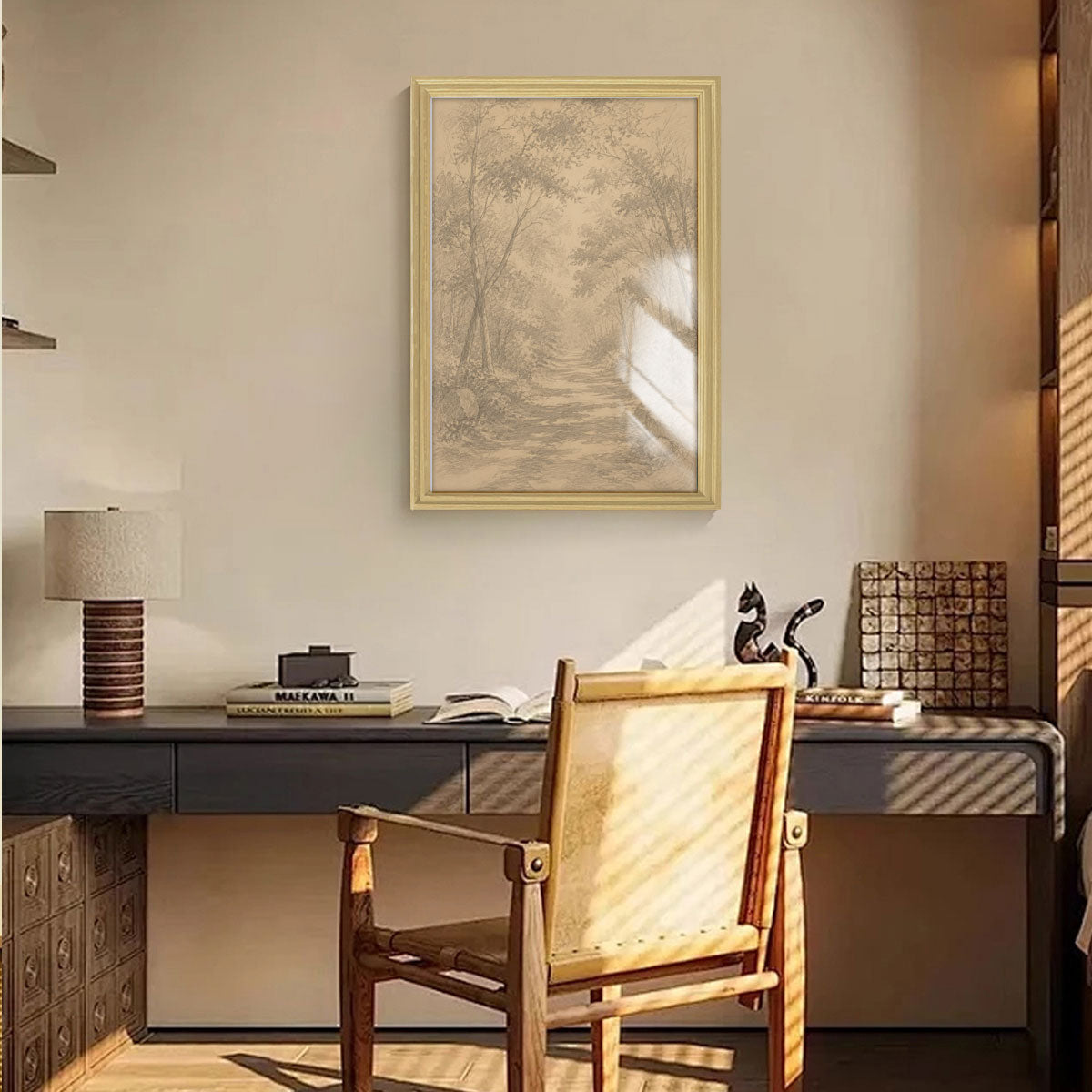 Vintage Pine Forest Sketch Canvas Wall Art Rustic Cabin Framed Home Decor Gift