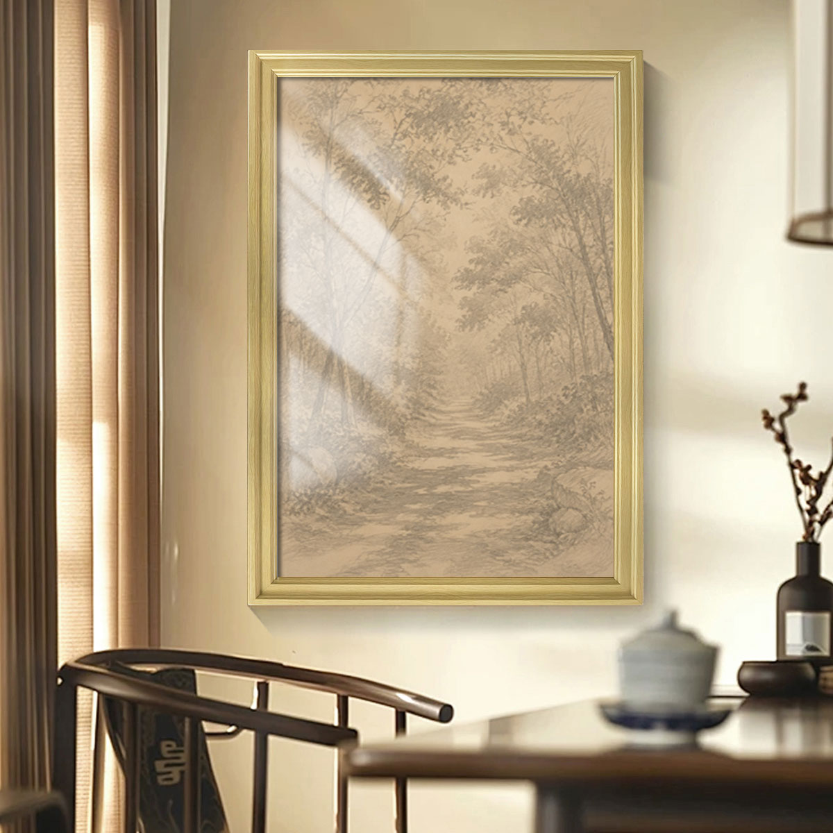 Vintage Pine Forest Sketch Canvas Wall Art Rustic Cabin Framed Home Decor Gift