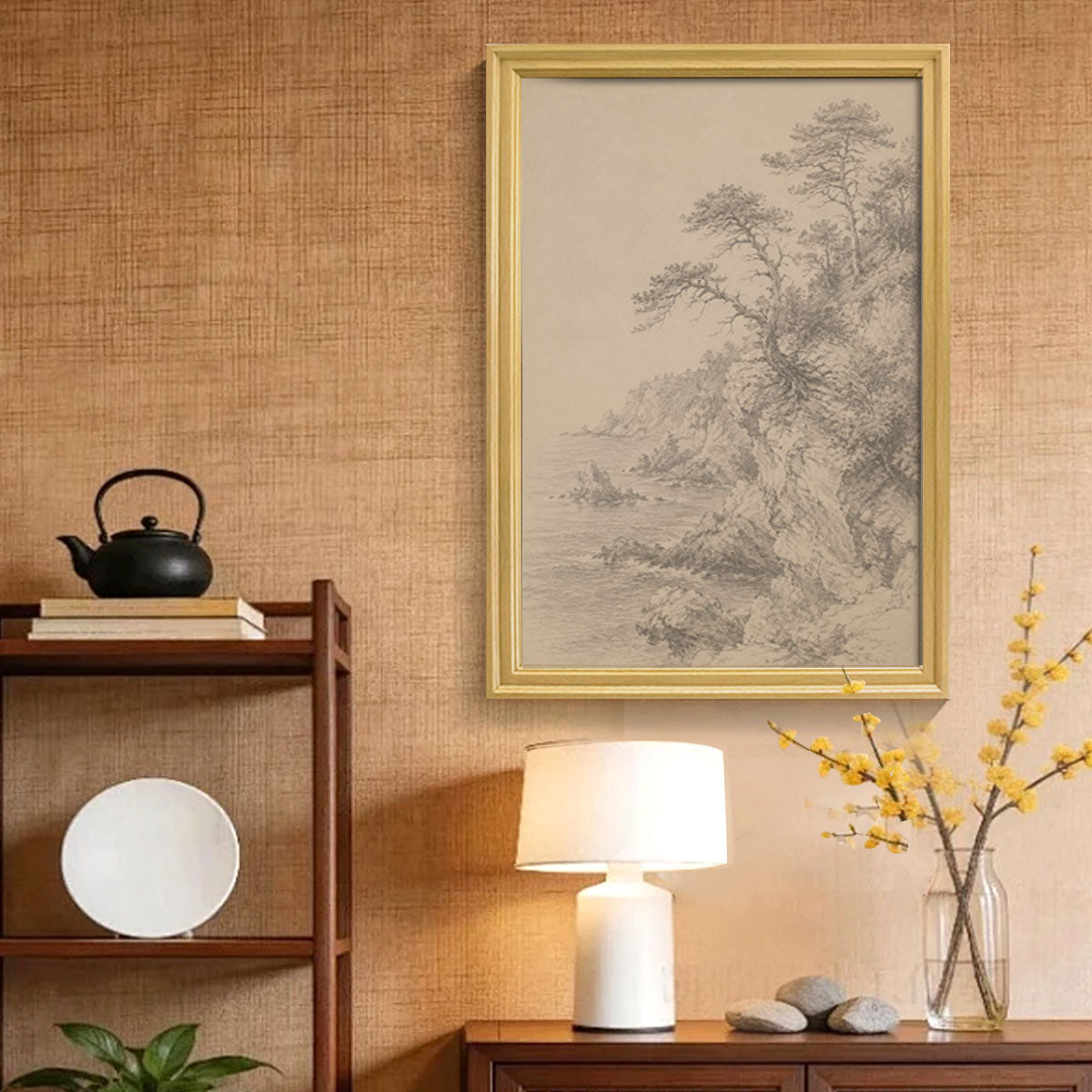 Vintage Pine Forest Sketch Canvas Wall Art Rustic Cabin Framed Home Decor Gift