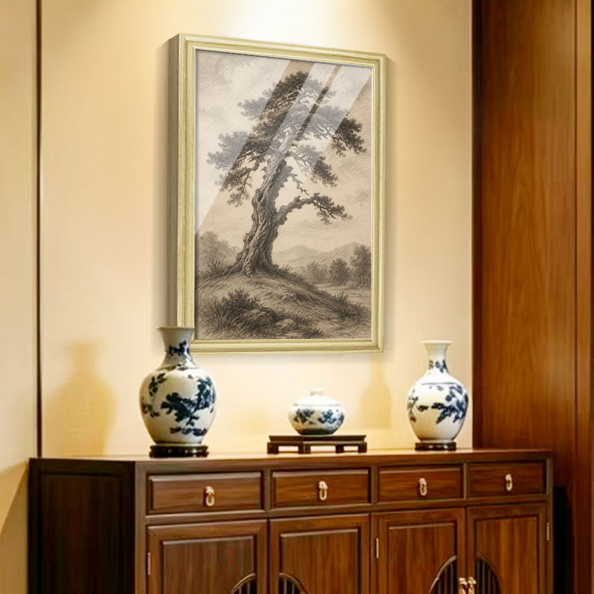 Vintage Sketch Landscape Canvas Wall Art Rustic Neutral Framed Home Decor Gift