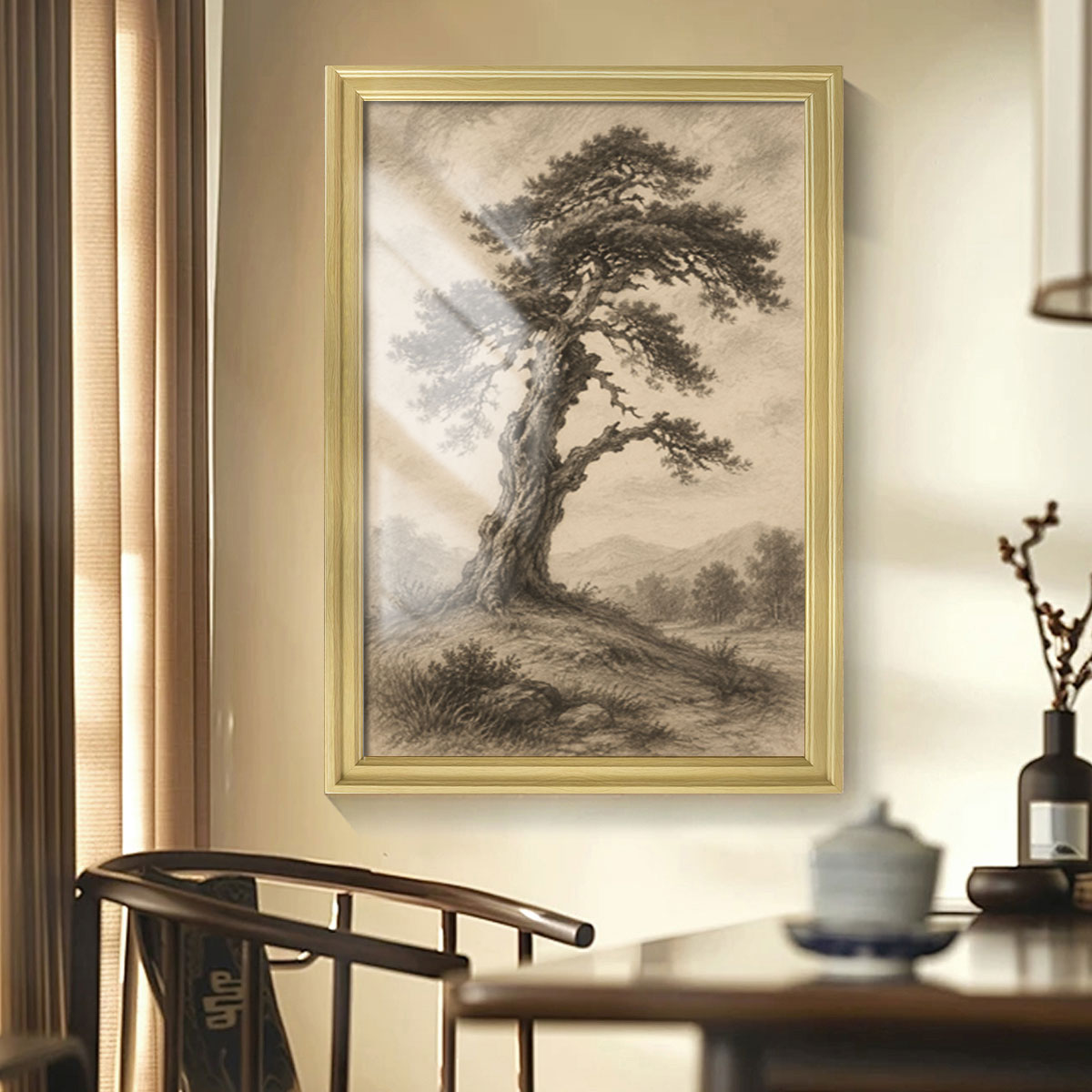 Vintage Sketch Landscape Canvas Wall Art Rustic Neutral Framed Home Decor Gift